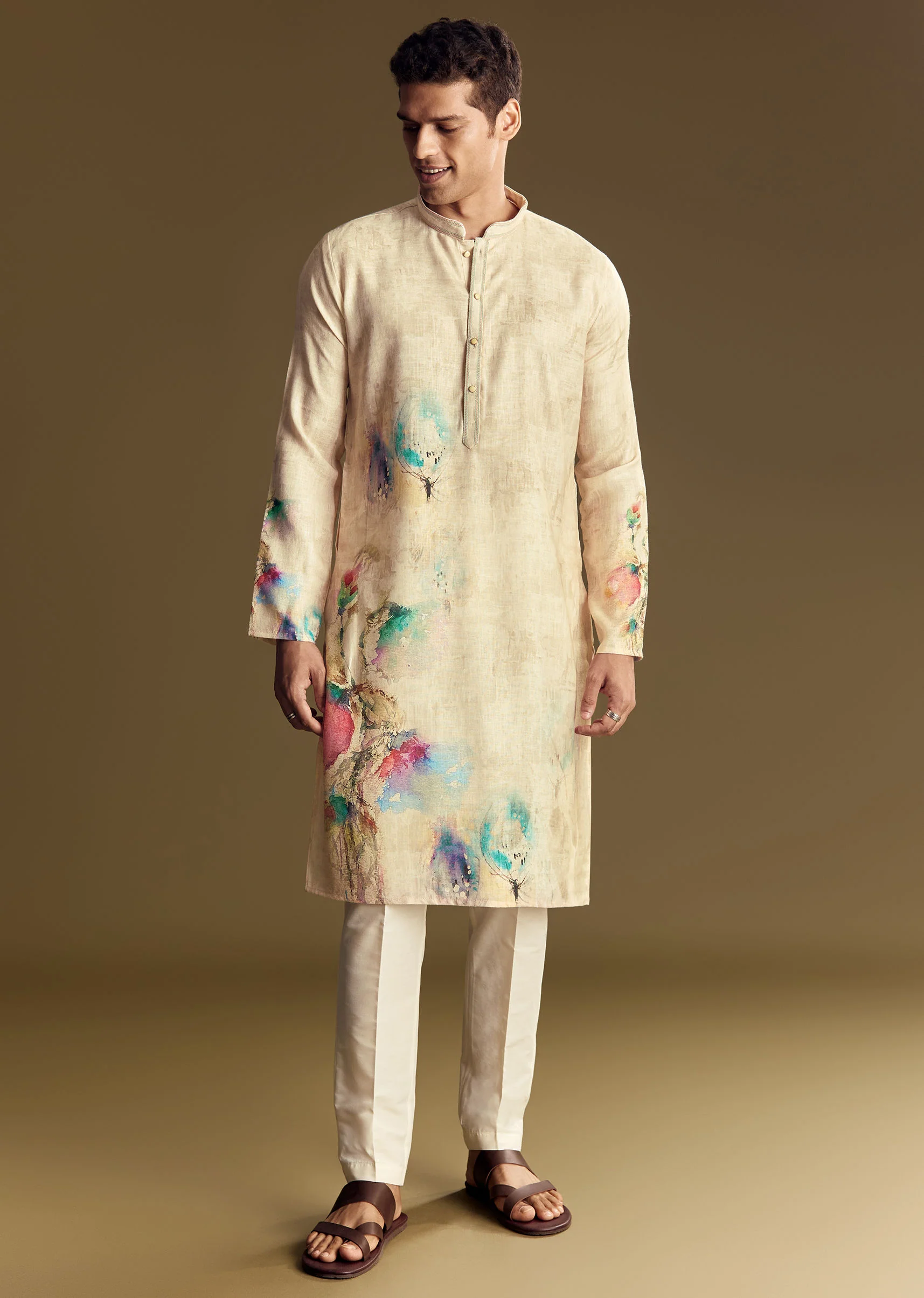 Floral Beige Linen Kurta Set - Image 2