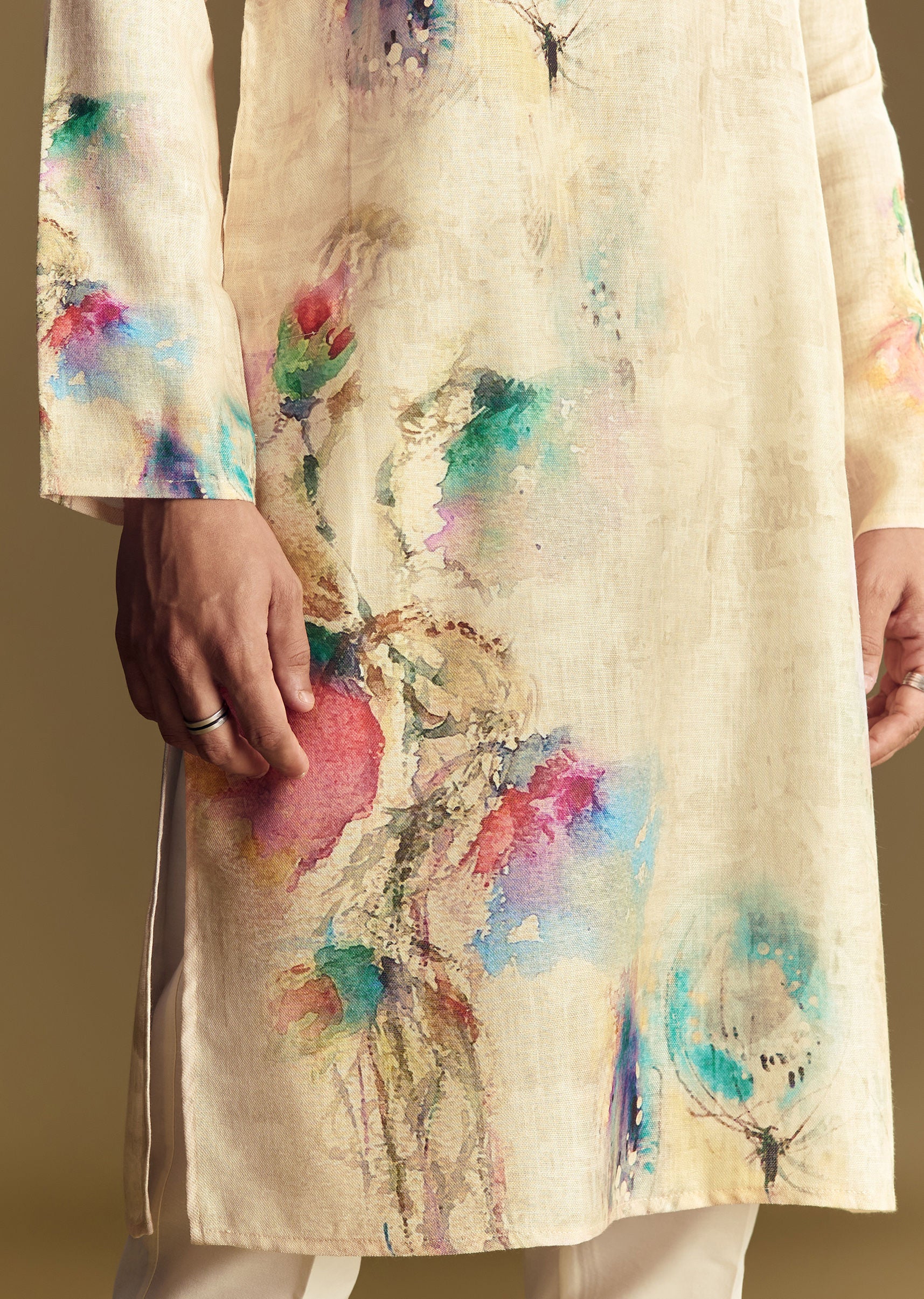 Floral Beige Linen Kurta Set - Image 3