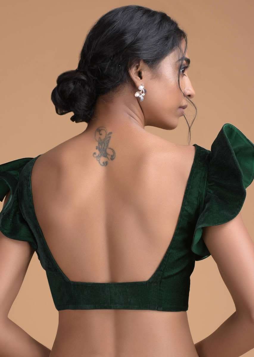 Forest Green Blouse In Velvet With Trapeze Neck And Ruffle Sleeves - Image 2