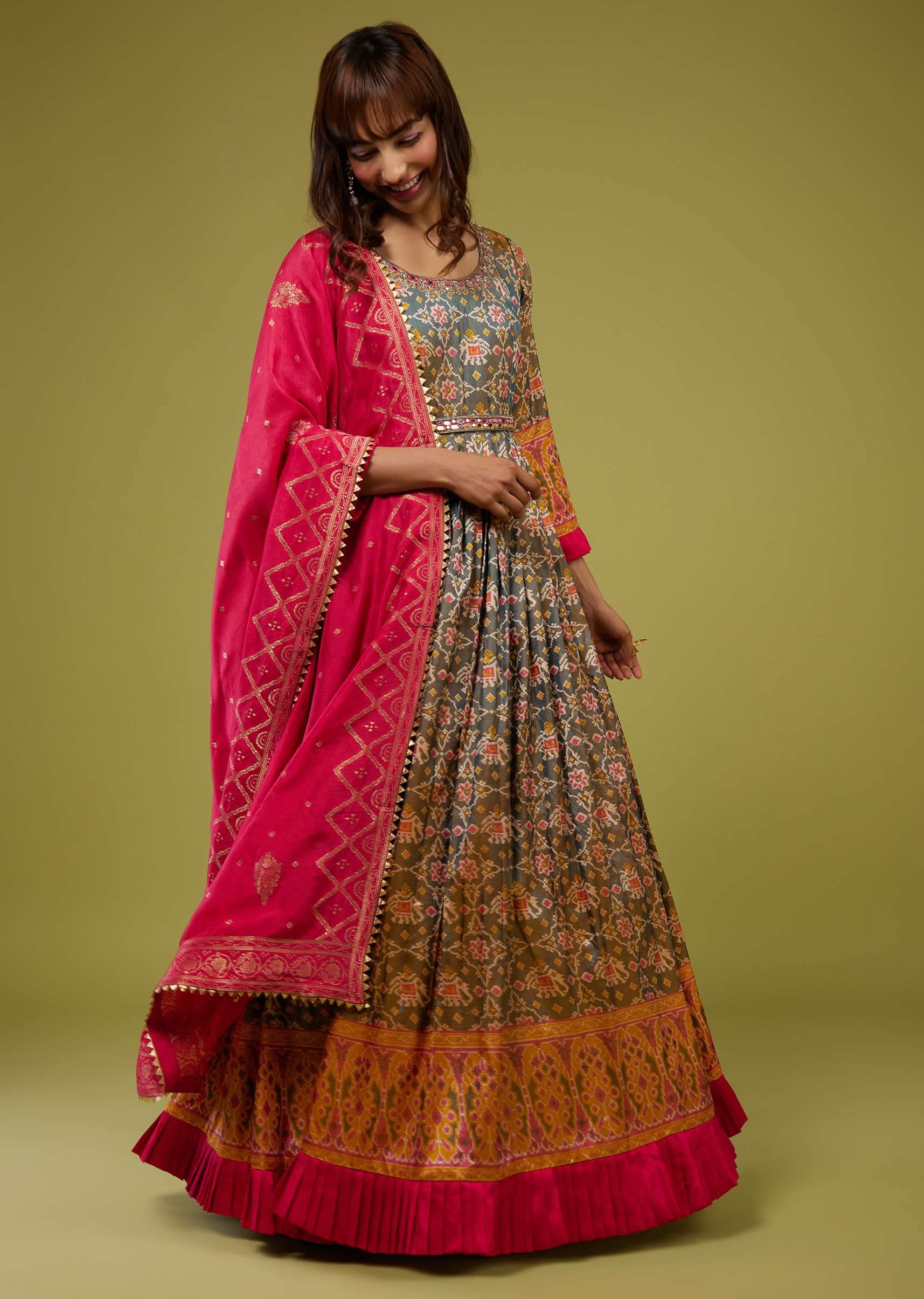 Forest Green With Ocher Yellow Patola Print Anarkali Set In Cotton Silk - Image 3