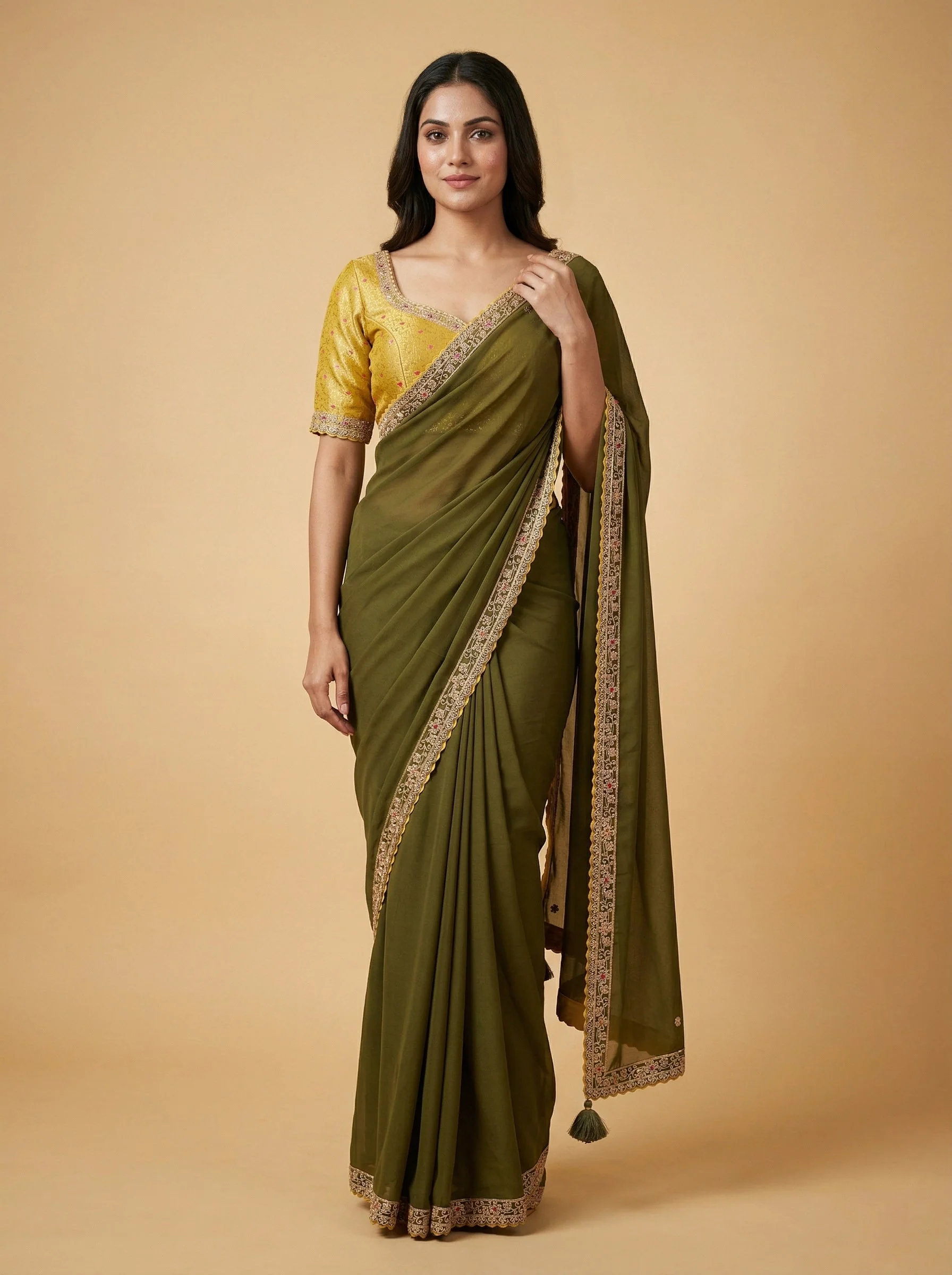 Forest Olive Green Embroidered Saree