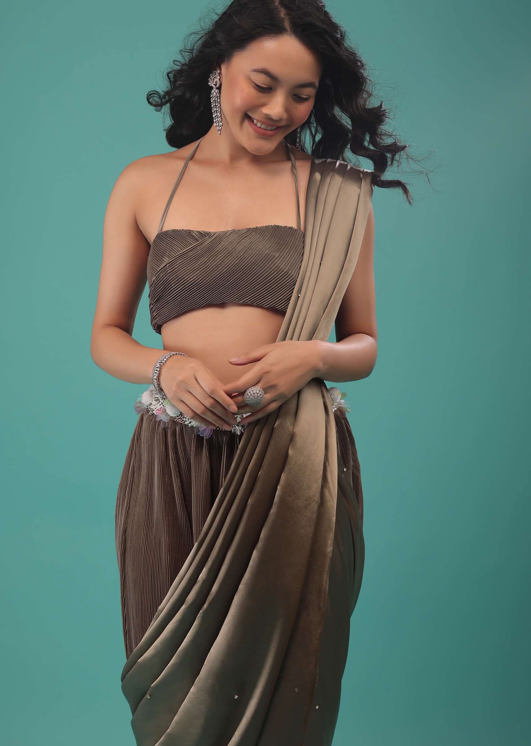 Fossil Brown Ready To Wear Dhoti Saree In Knitted Pleated Fabric - Image 3