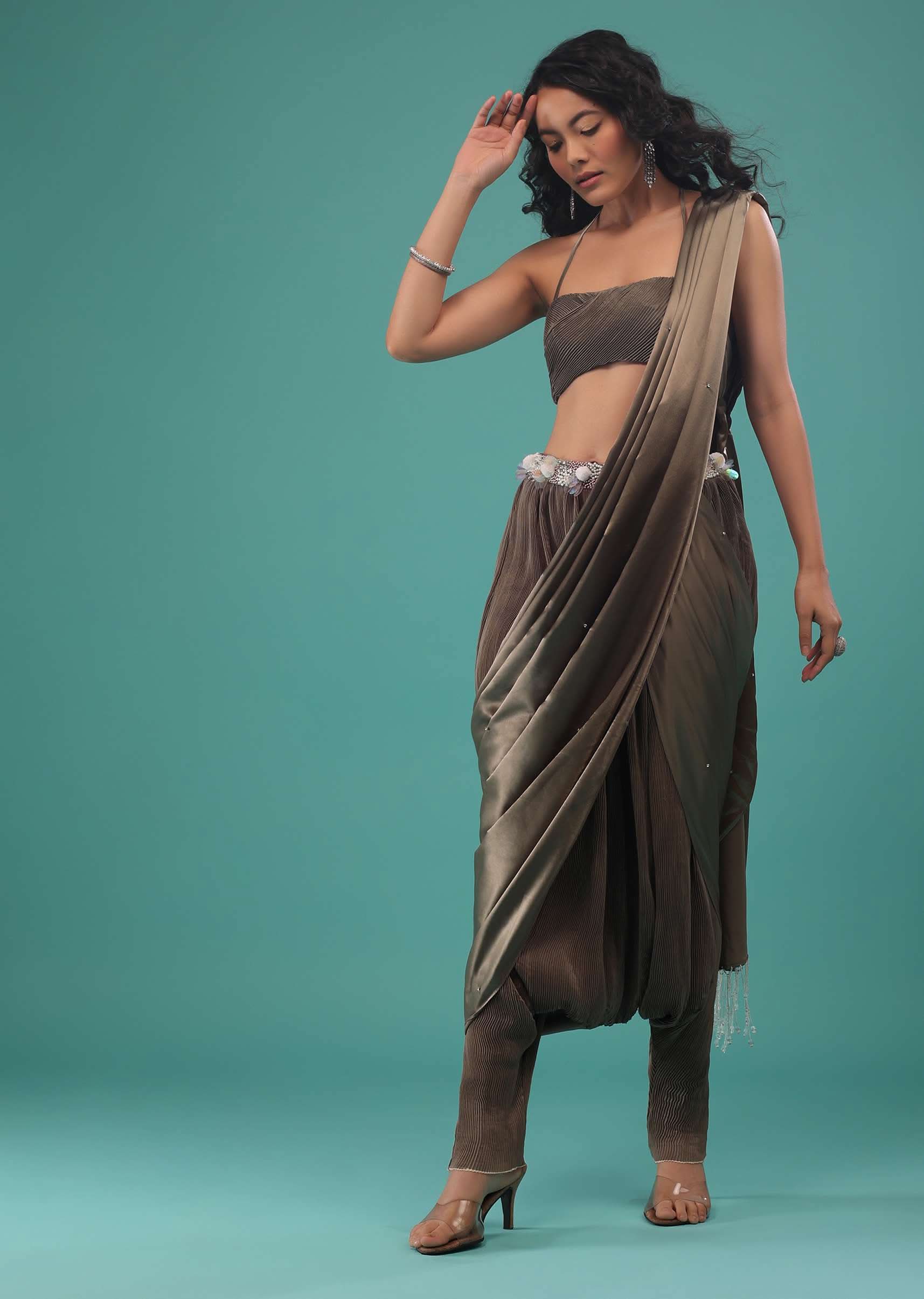 Fossil Brown Ready To Wear Dhoti Saree In Knitted Pleated Fabric - Image 5