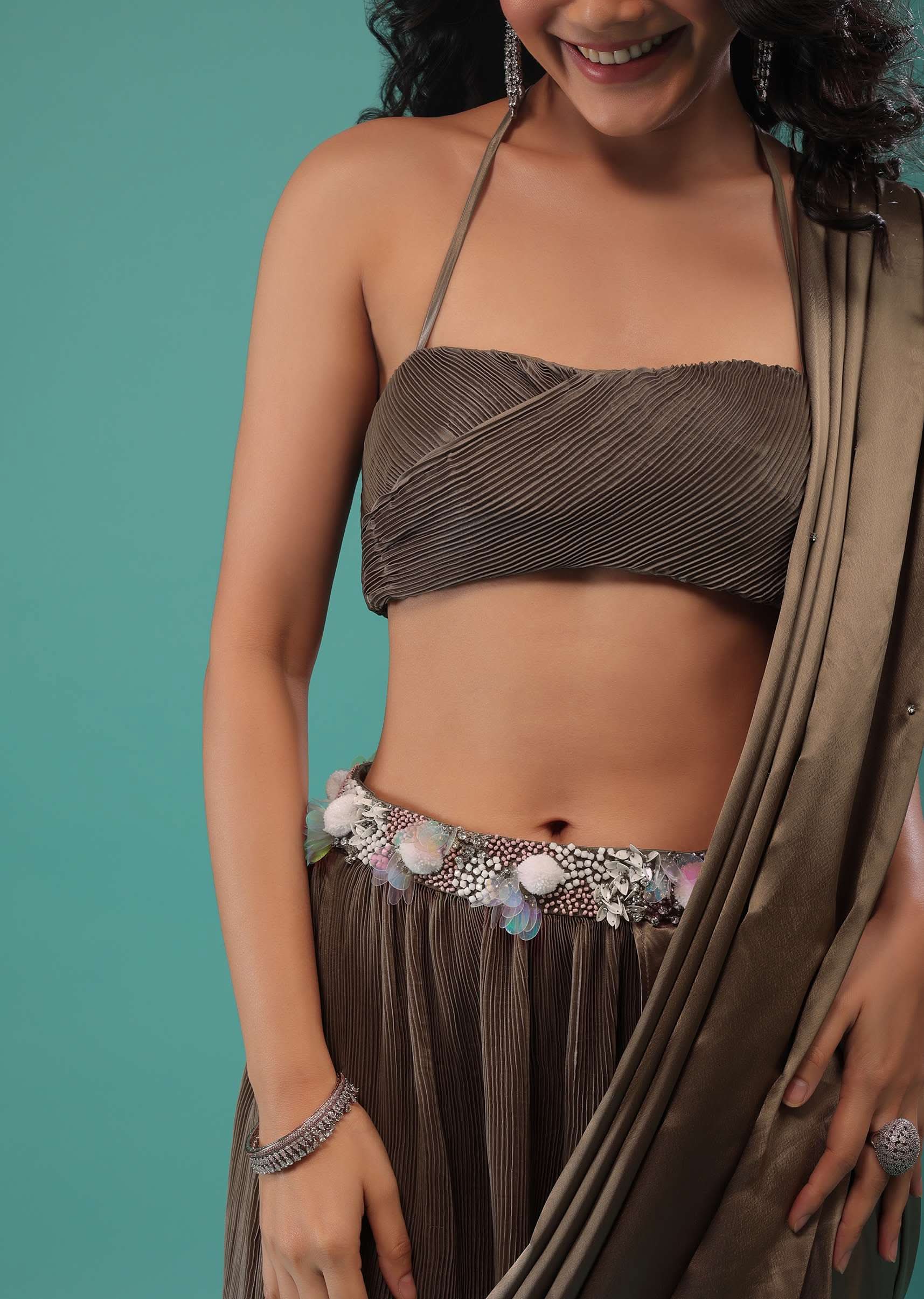 Fossil Brown Ready To Wear Dhoti Saree In Knitted Pleated Fabric - Image 6