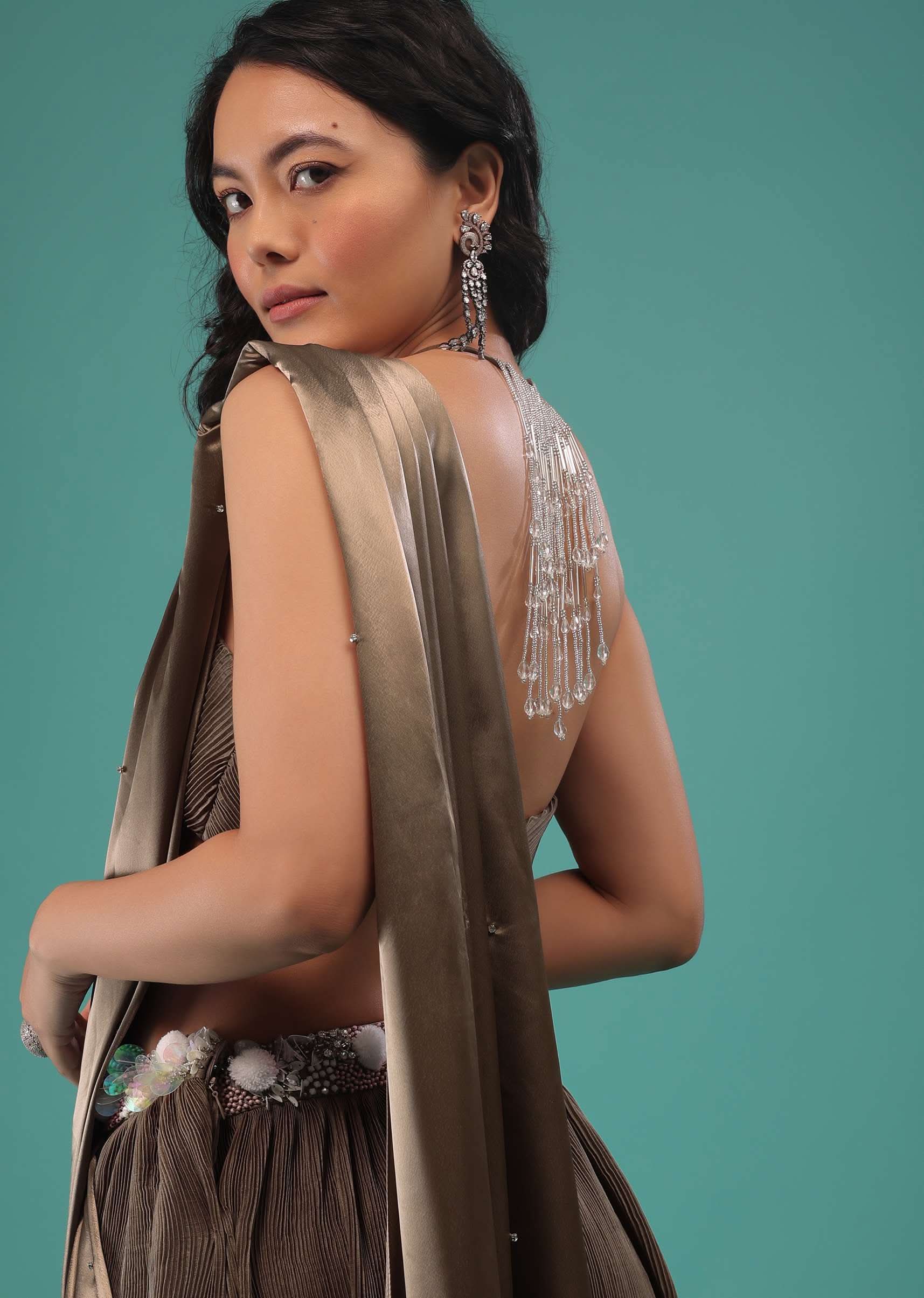 Fossil Brown Ready To Wear Dhoti Saree In Knitted Pleated Fabric - Image 7