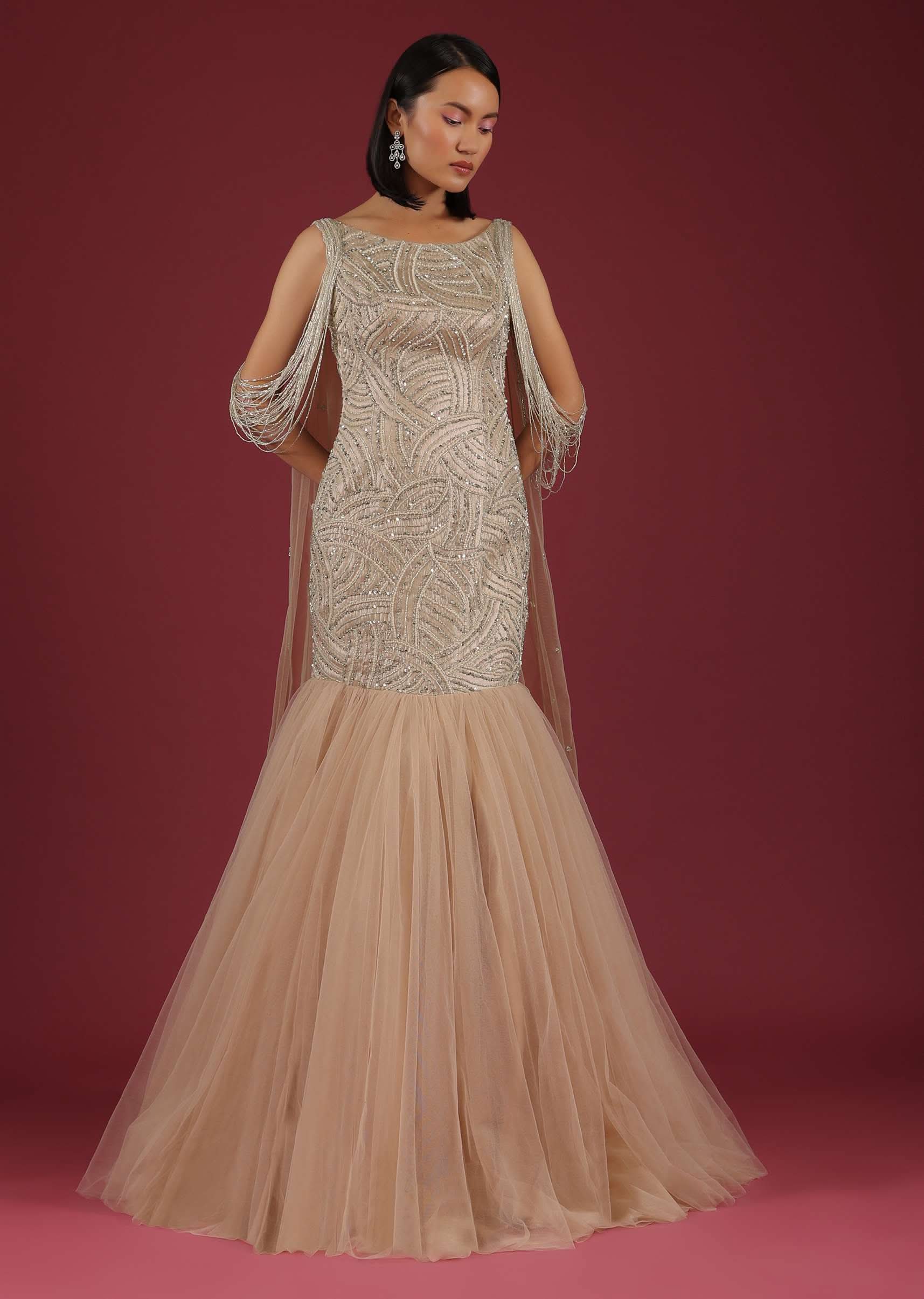Frappe Mermaid Gown In Cut Dana Dangling Tassels On The Shoulder - Image 3