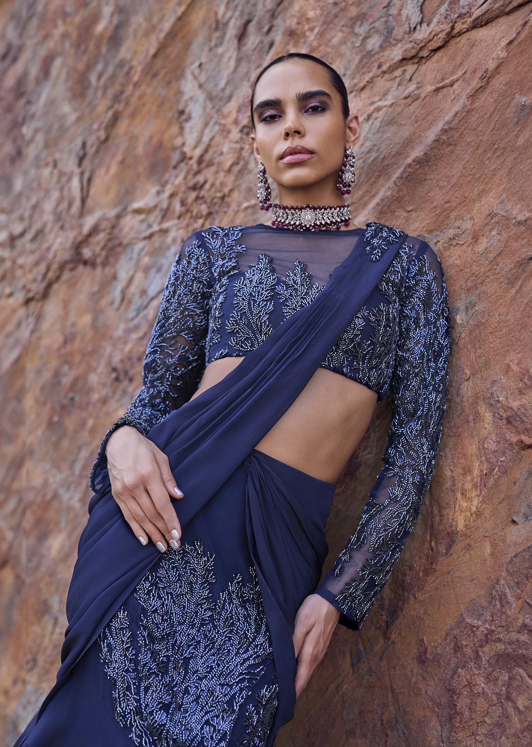 French Blue Fishcut Ready To Wear Frill Saree With Blouse - Image 2