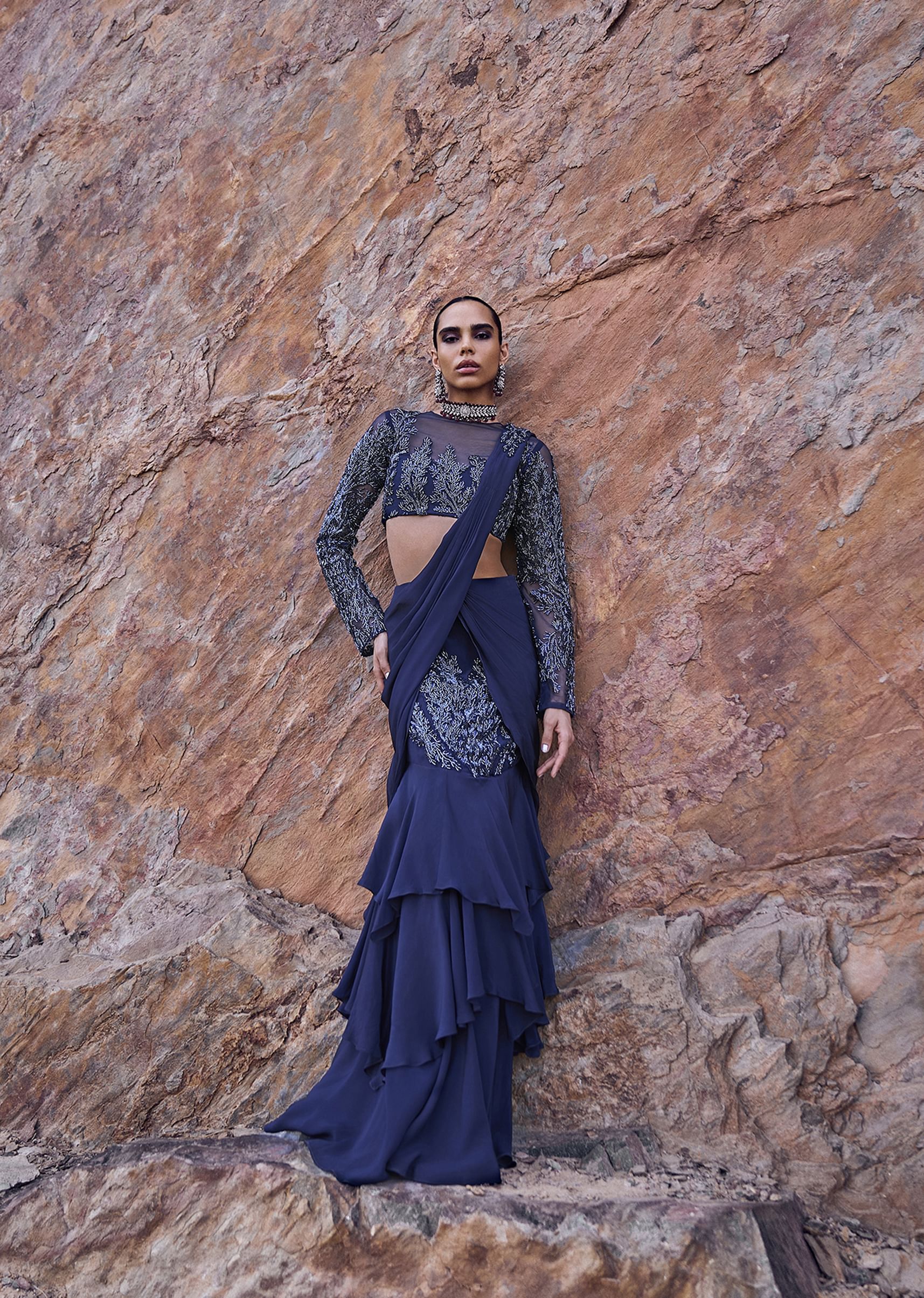 French Blue Fishcut Ready To Wear Frill Saree With Blouse - Image 3