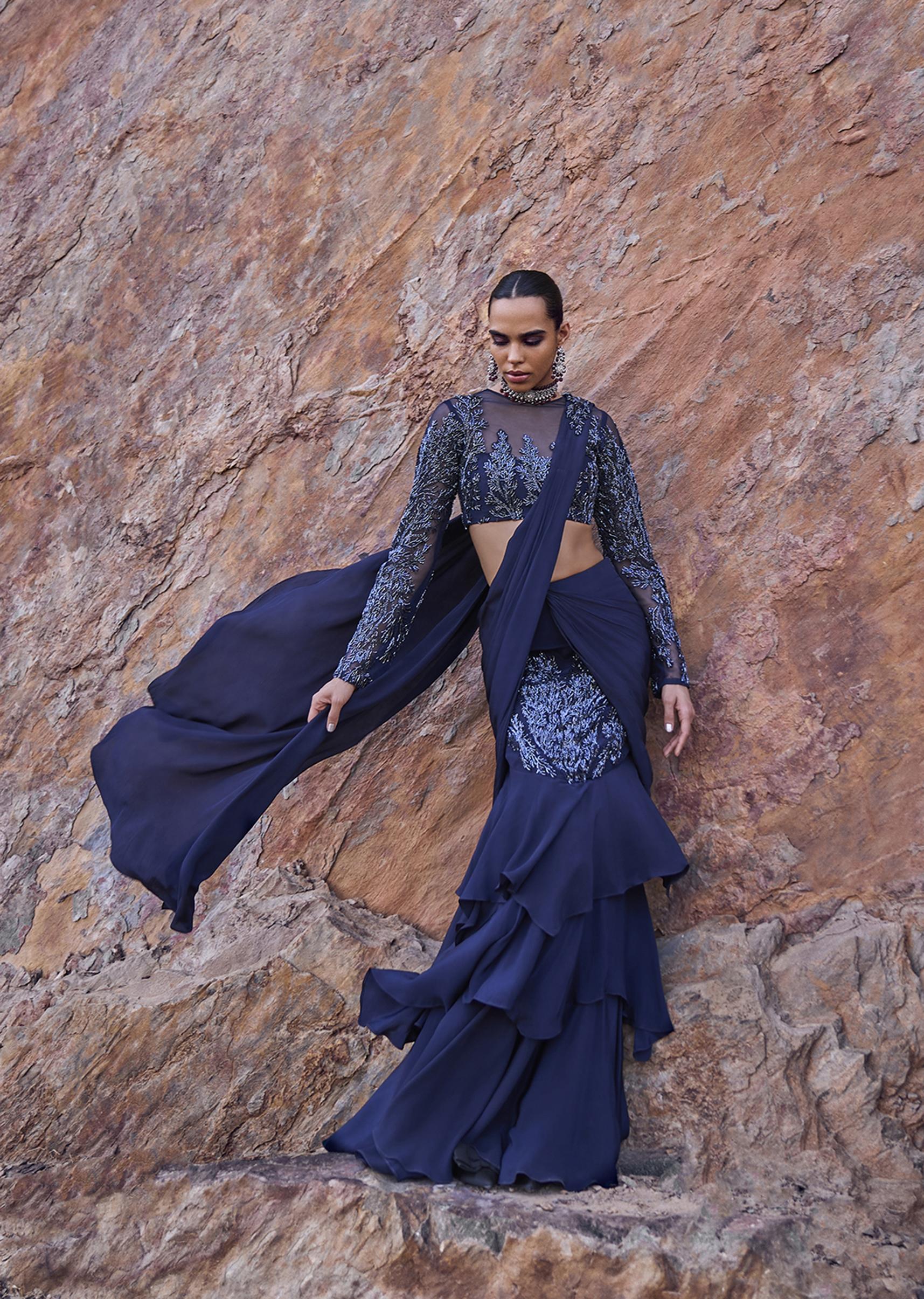 French Blue Fishcut Ready To Wear Frill Saree With Blouse - Image 4
