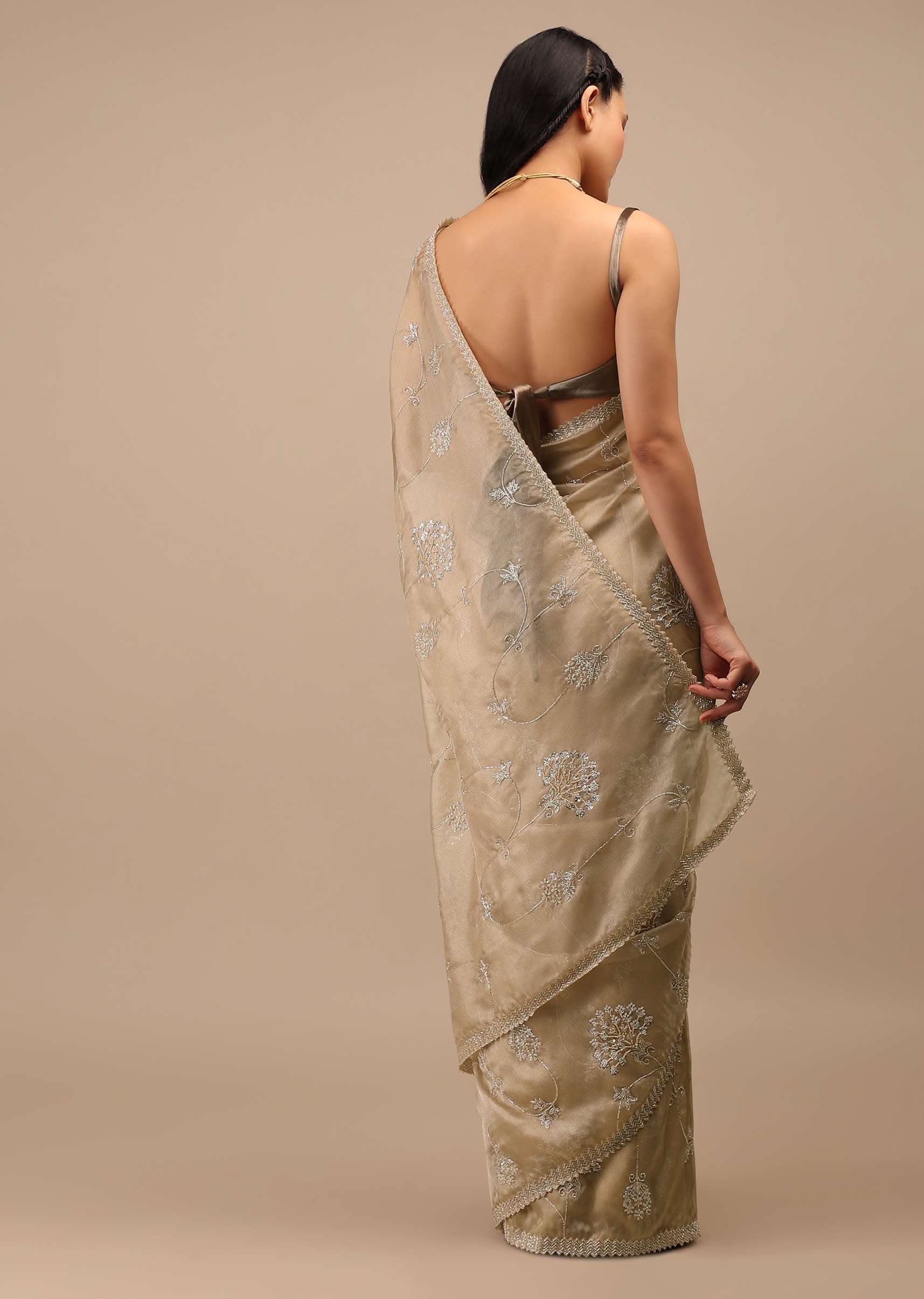 Frosted Almond Tissue Saree In Zardozi Embroidery Buttis, Leafy Motifs Embroidery Detailing On Border - Image 5