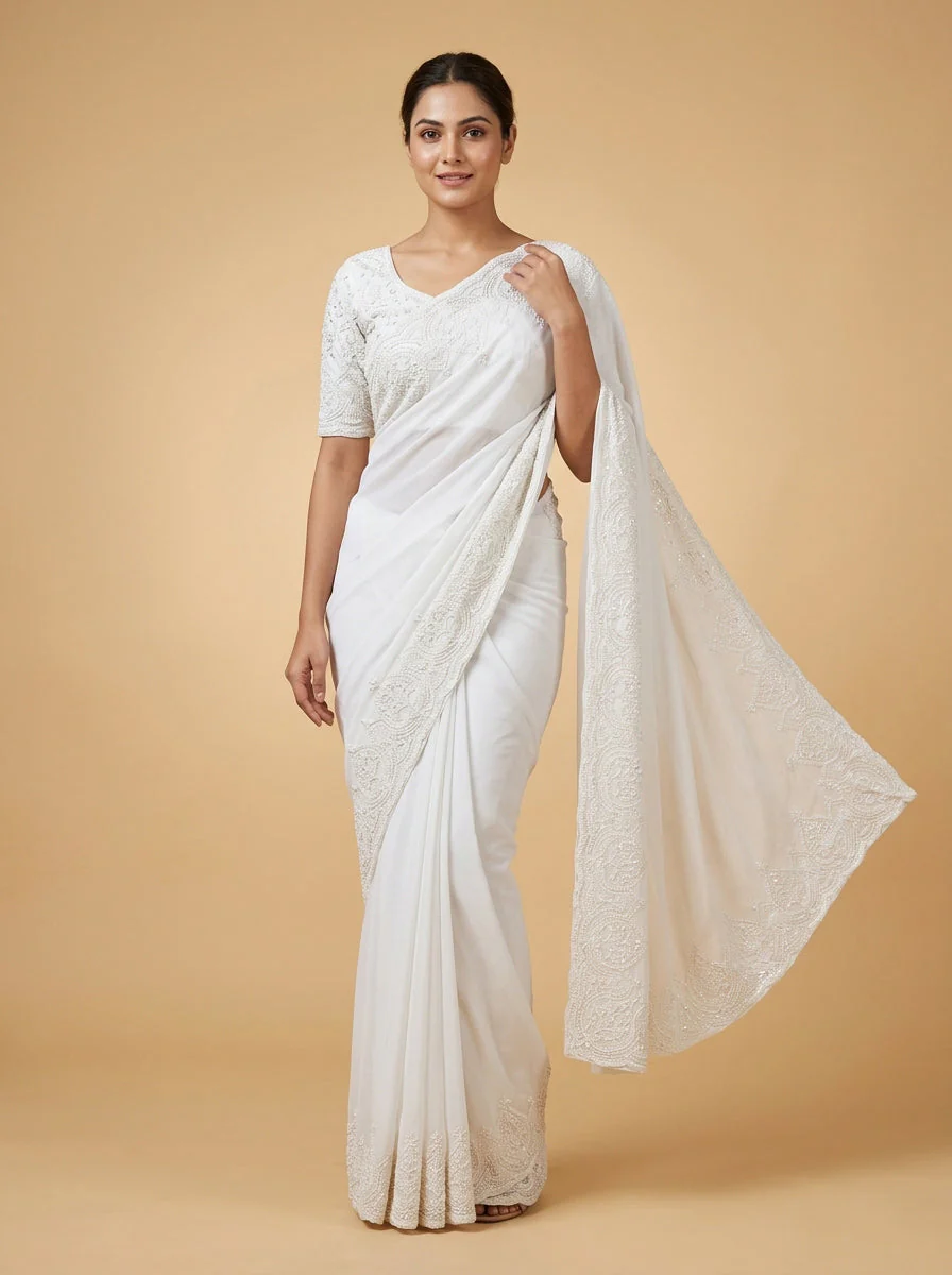 Frosted White Crystal Luxe Saree