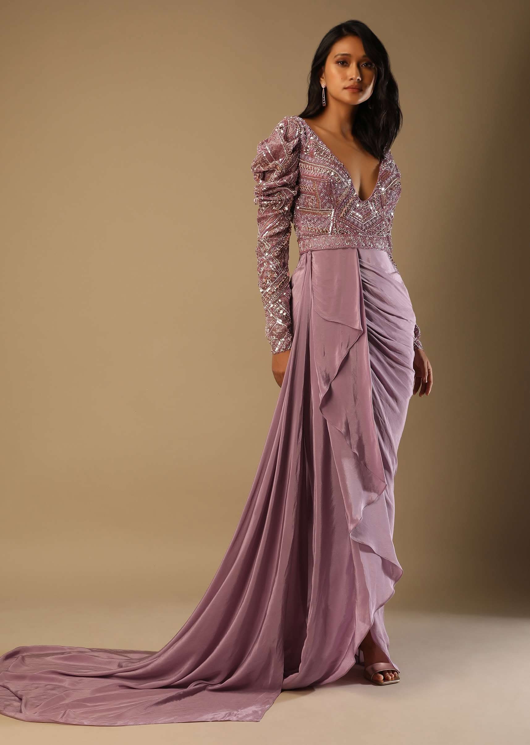 Frozen Mauve Gown In Crepe With Pleated Cowl Drape, Hand Embroidery And Side Trail - Image 6