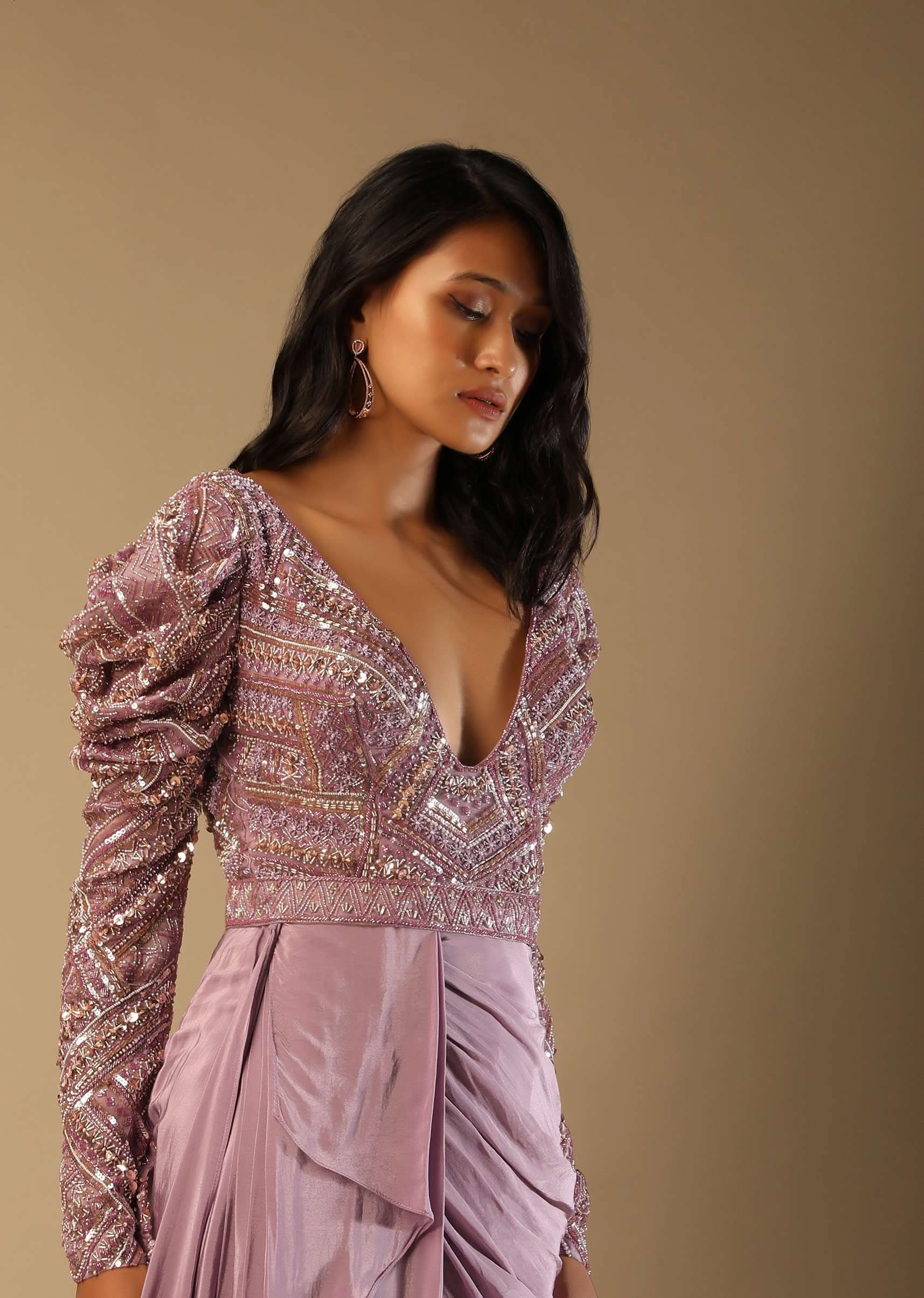 Frozen Mauve Gown In Crepe With Pleated Cowl Drape, Hand Embroidery And Side Trail - Image 7