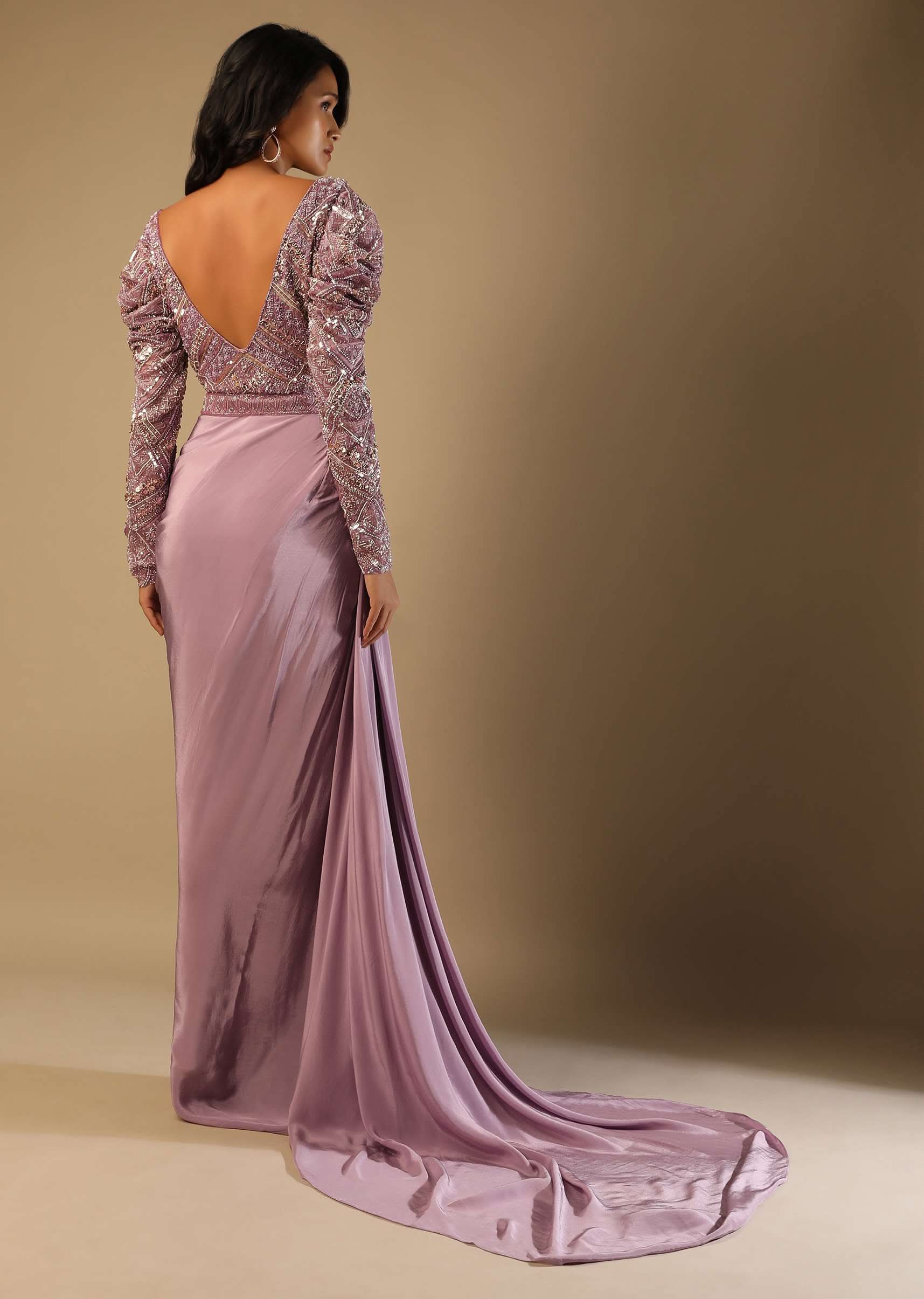 Frozen Mauve Gown In Crepe With Pleated Cowl Drape, Hand Embroidery And Side Trail - Image 8