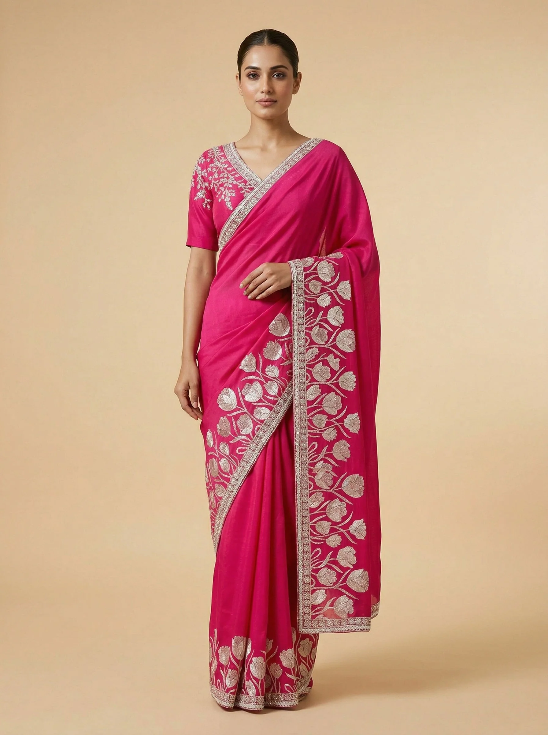 Fuchsia Rani Pink Embroidered Saree