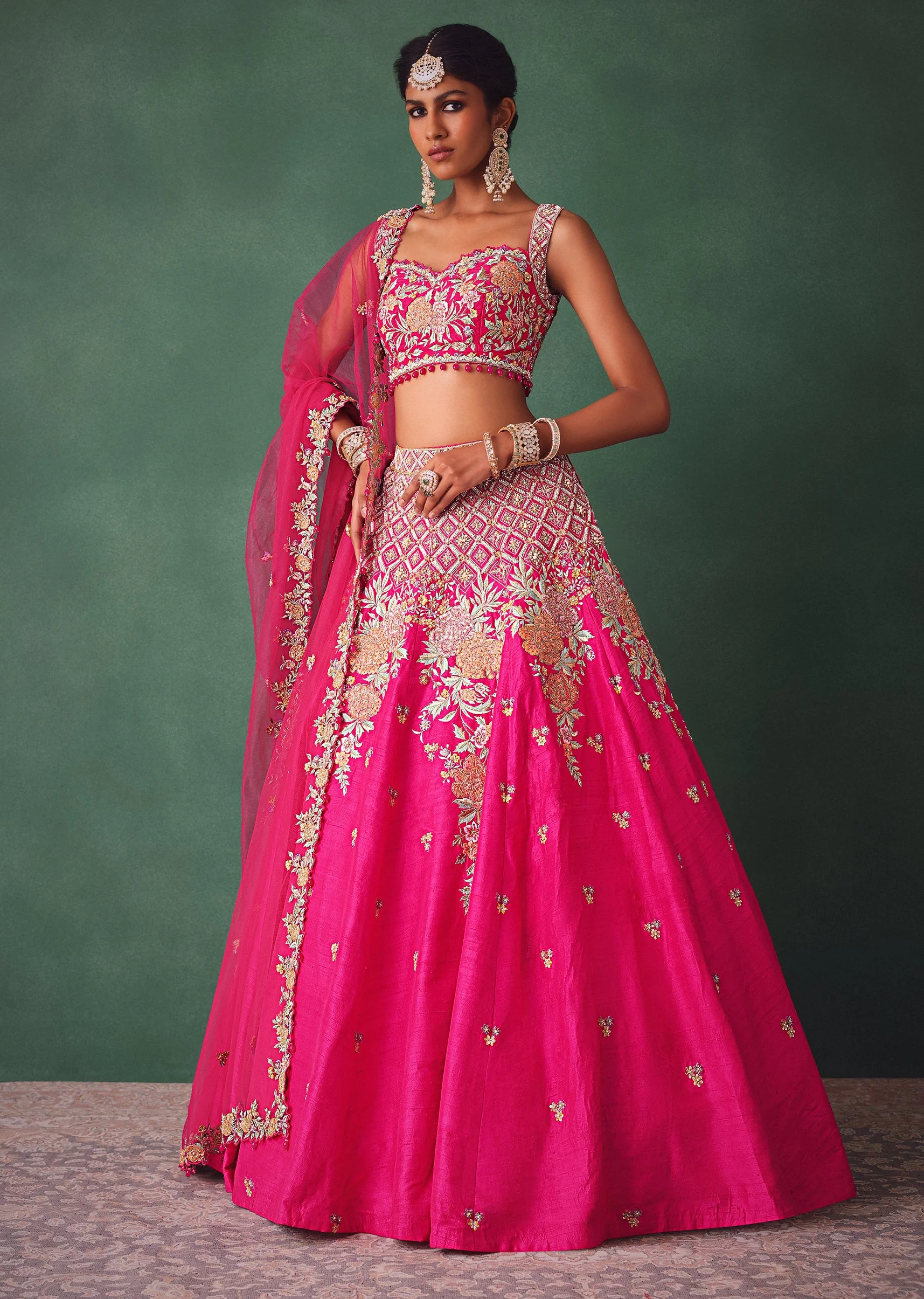 Fuschia Pink Raw Silk Multi Colour Threadwork Lehenga Dupatta With Embroidered Blouse - Image 3