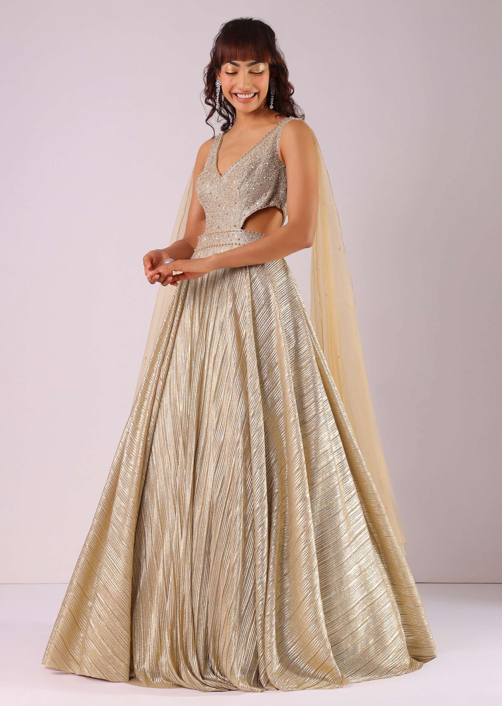 Glam Gold Embroidered Gown In Knit Fabric With Net Trail Wings - Image 3
