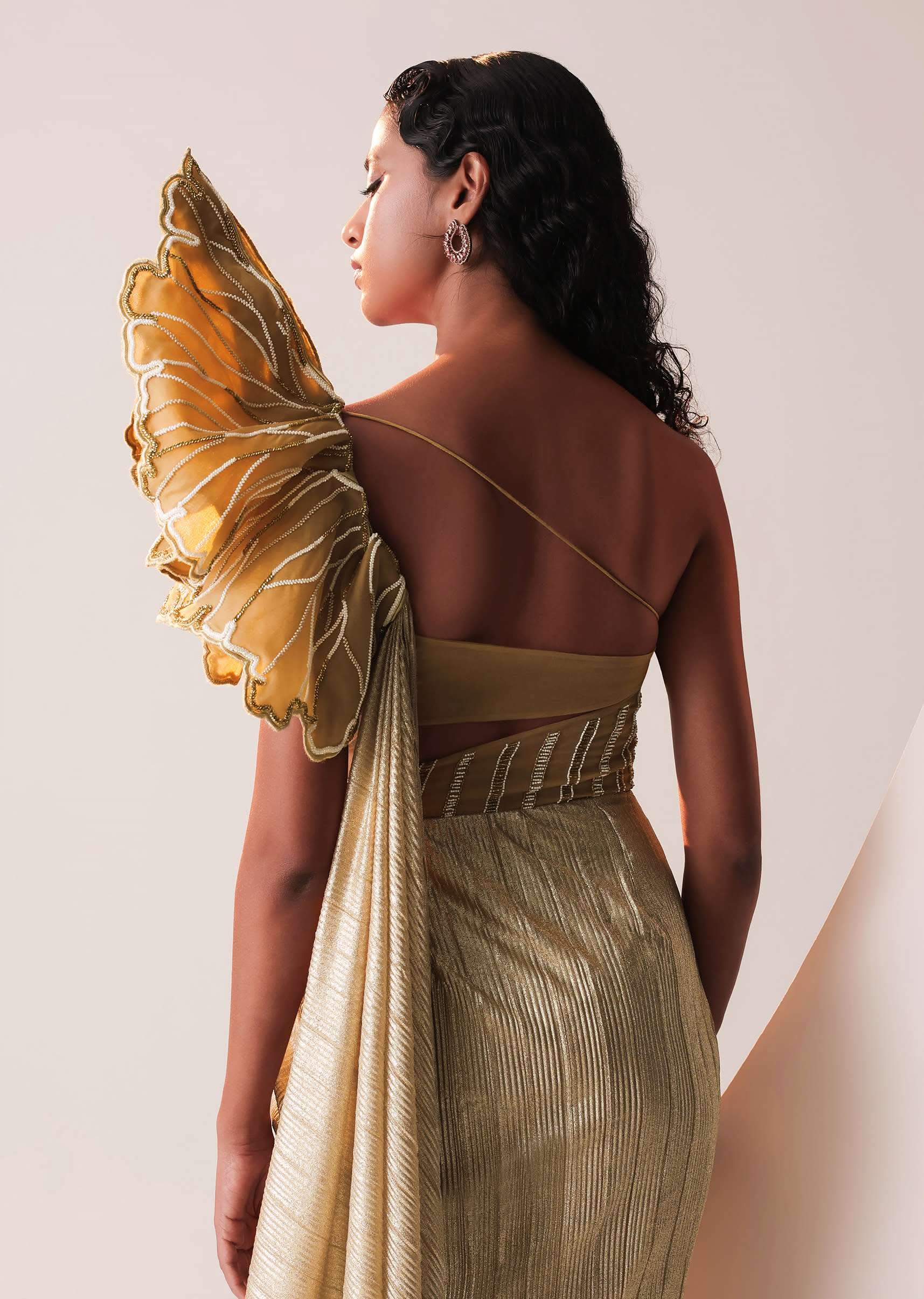 Glam Gold Gown In Knit Strechable Fabric With Embroidery - Image 6