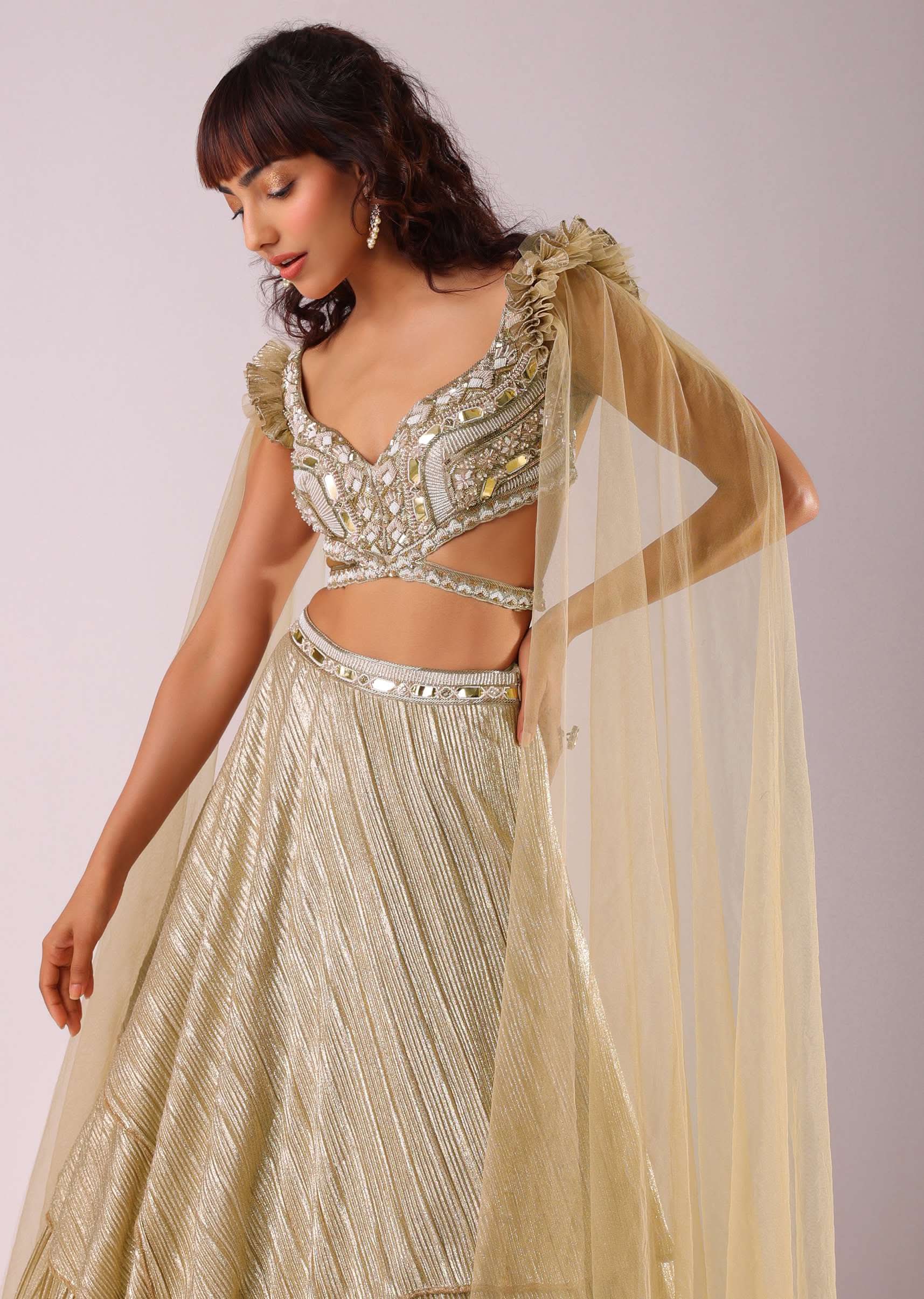 Glam Gold Lehenga Set In Foil Knit Fabric With Embroidered Blouse - Image 2