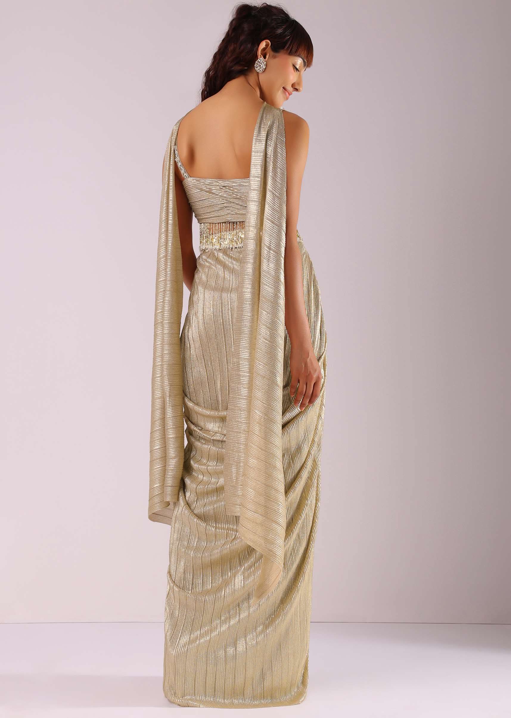 Glam Gold Pleated Skirt And Top With Embroidered Choker Dupatta - Image 5