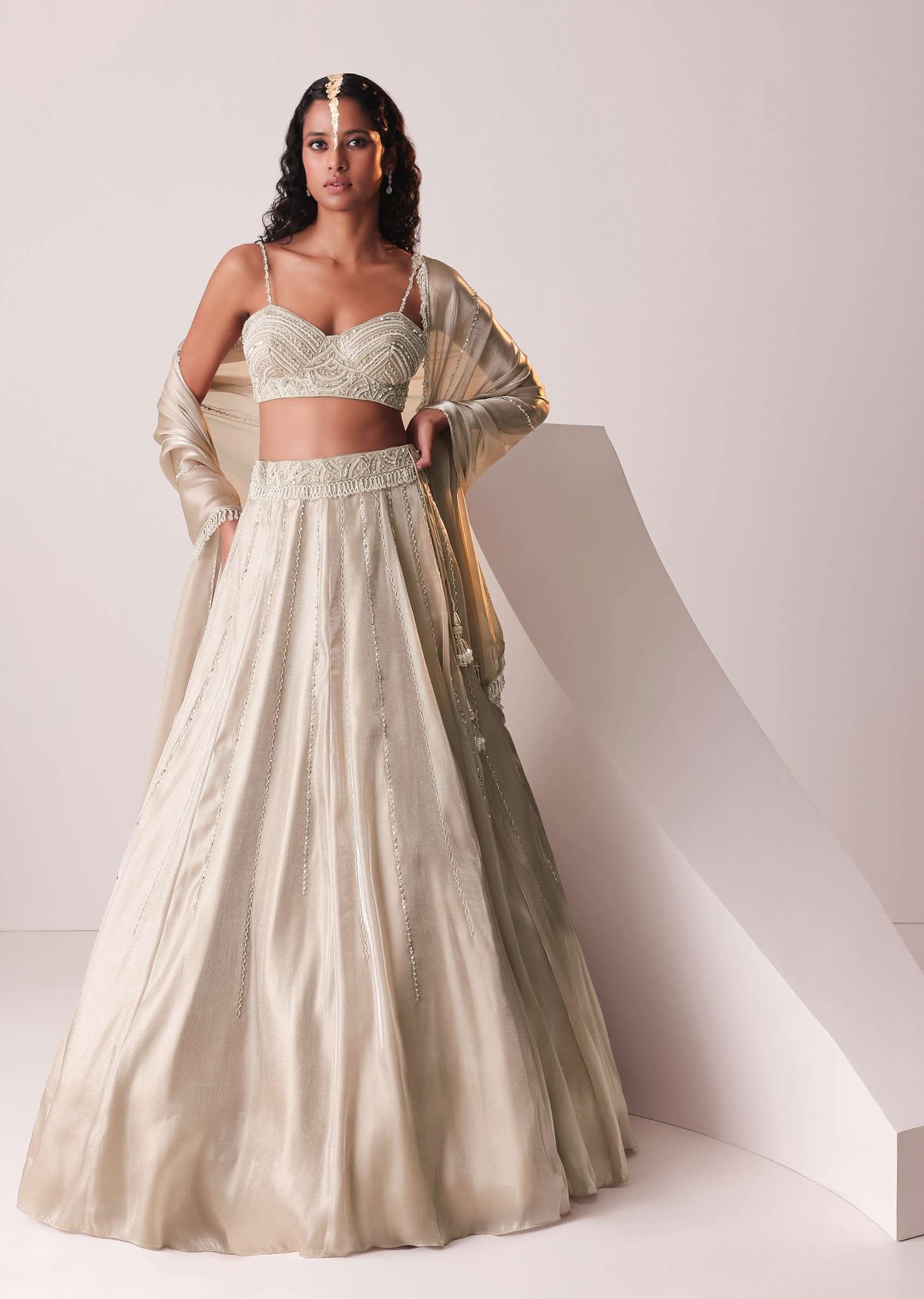 Glam Silver Embroidered Lehenga Set In Organza - Image 4