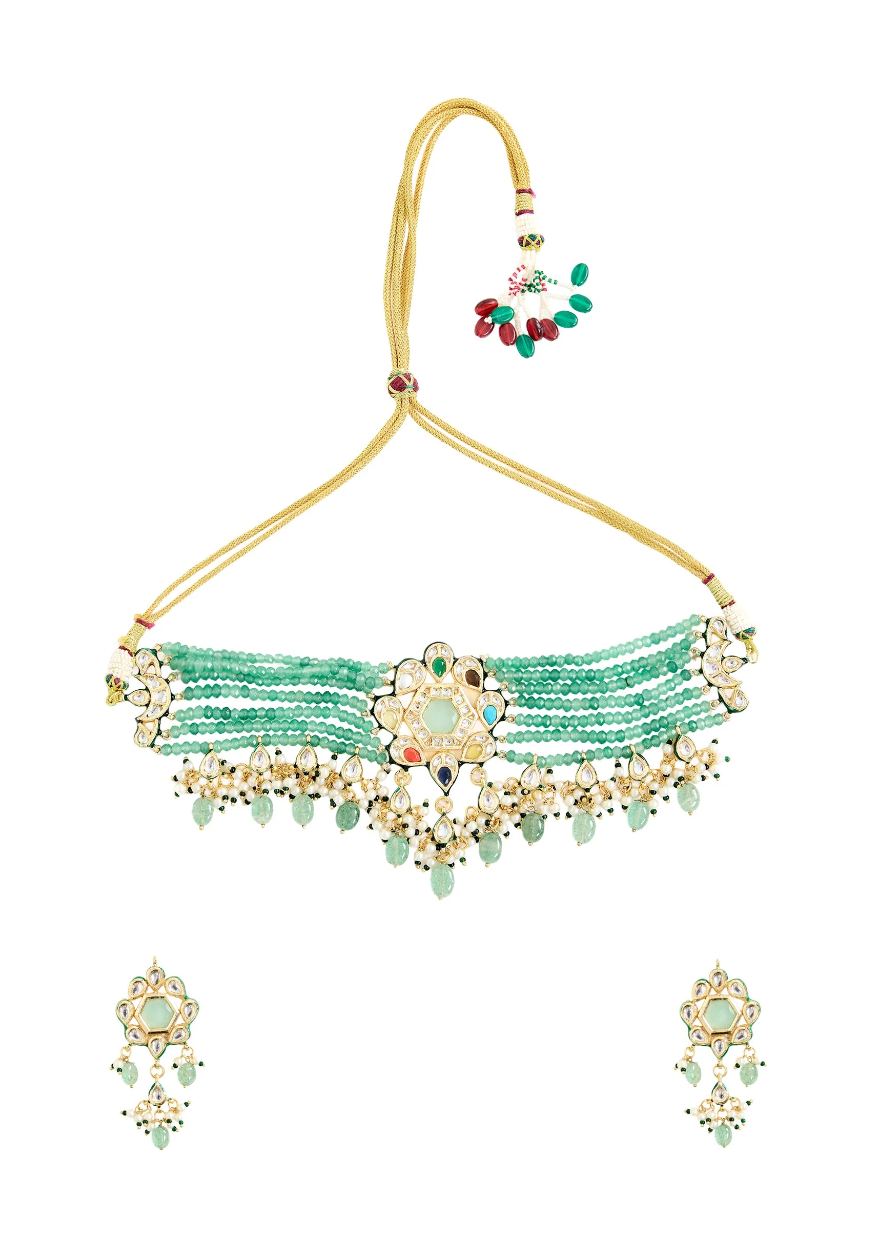 Gold And Green Beaded Choker Necklace Set - Image 2