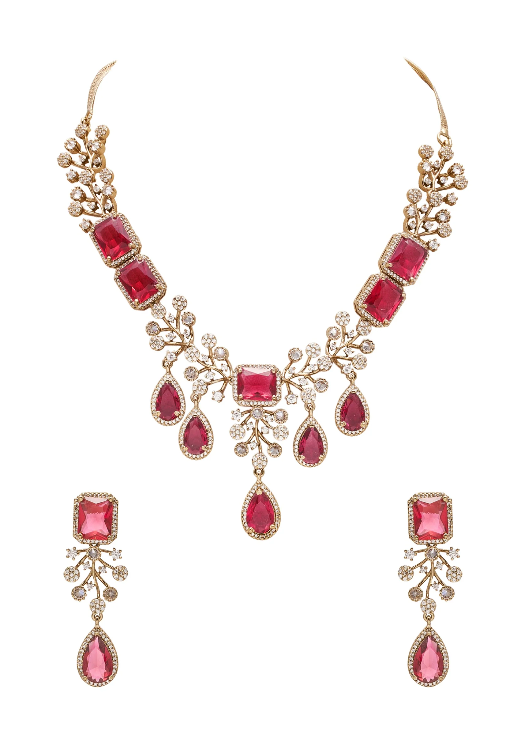 Gold And Red Stone Embellished Geometric Pendant Necklace Set - Image 2