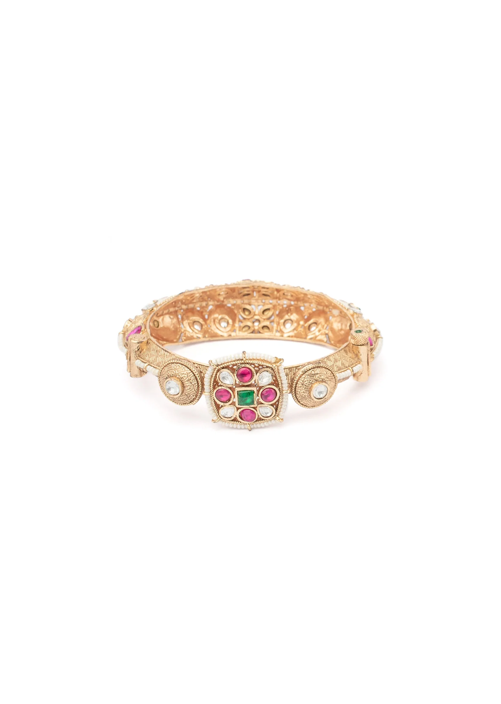 Gold Bangles With Floral Motifs And Ruby Emerald Stones - Image 2