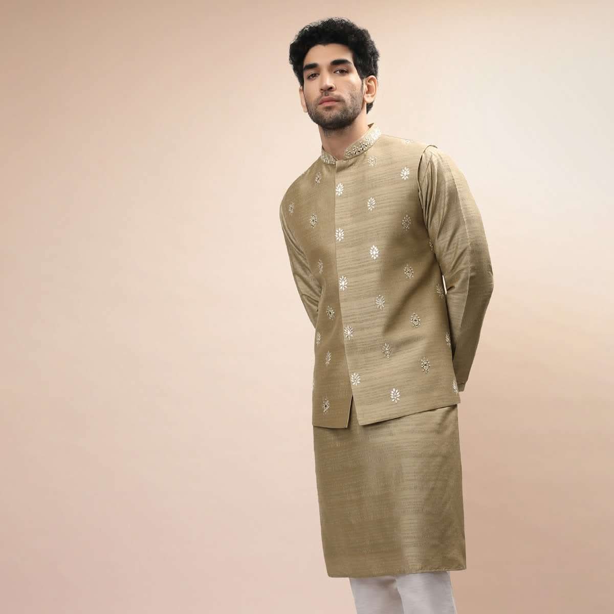 Gold Beige Nehru Jacket And Kurta Set With Resham And Mirror Embroidered Buttis - Image 2