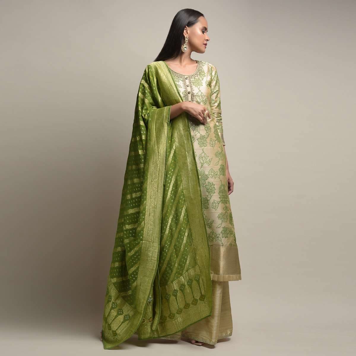 Gold Beige Palazzo Suit With Woven Floral Jaal And Green Dupatta With Bandhani And Brocade Design - Image 2