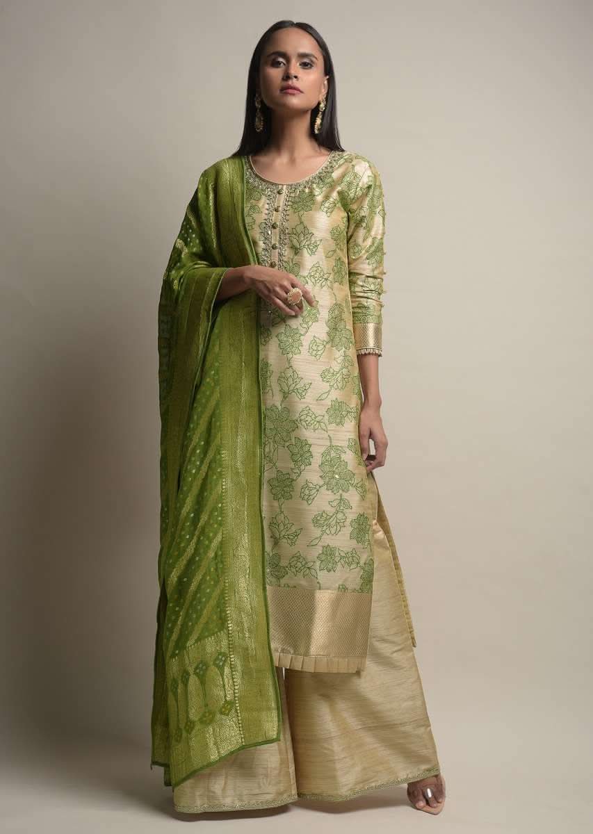 Gold Beige Palazzo Suit With Woven Floral Jaal And Green Dupatta With Bandhani And Brocade Design - Image 3
