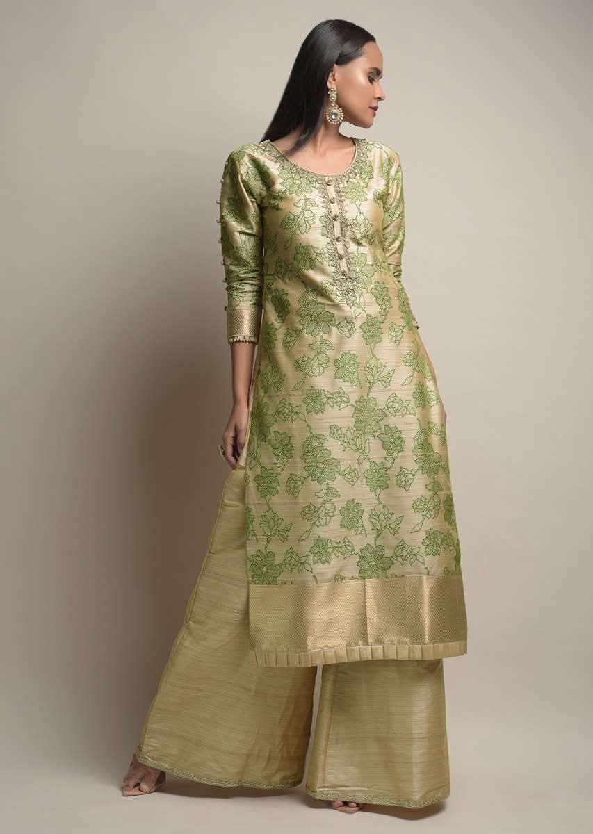 Gold Beige Palazzo Suit With Woven Floral Jaal And Green Dupatta With Bandhani And Brocade Design - Image 4
