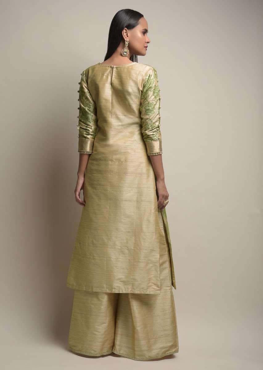 Gold Beige Palazzo Suit With Woven Floral Jaal And Green Dupatta With Bandhani And Brocade Design - Image 5