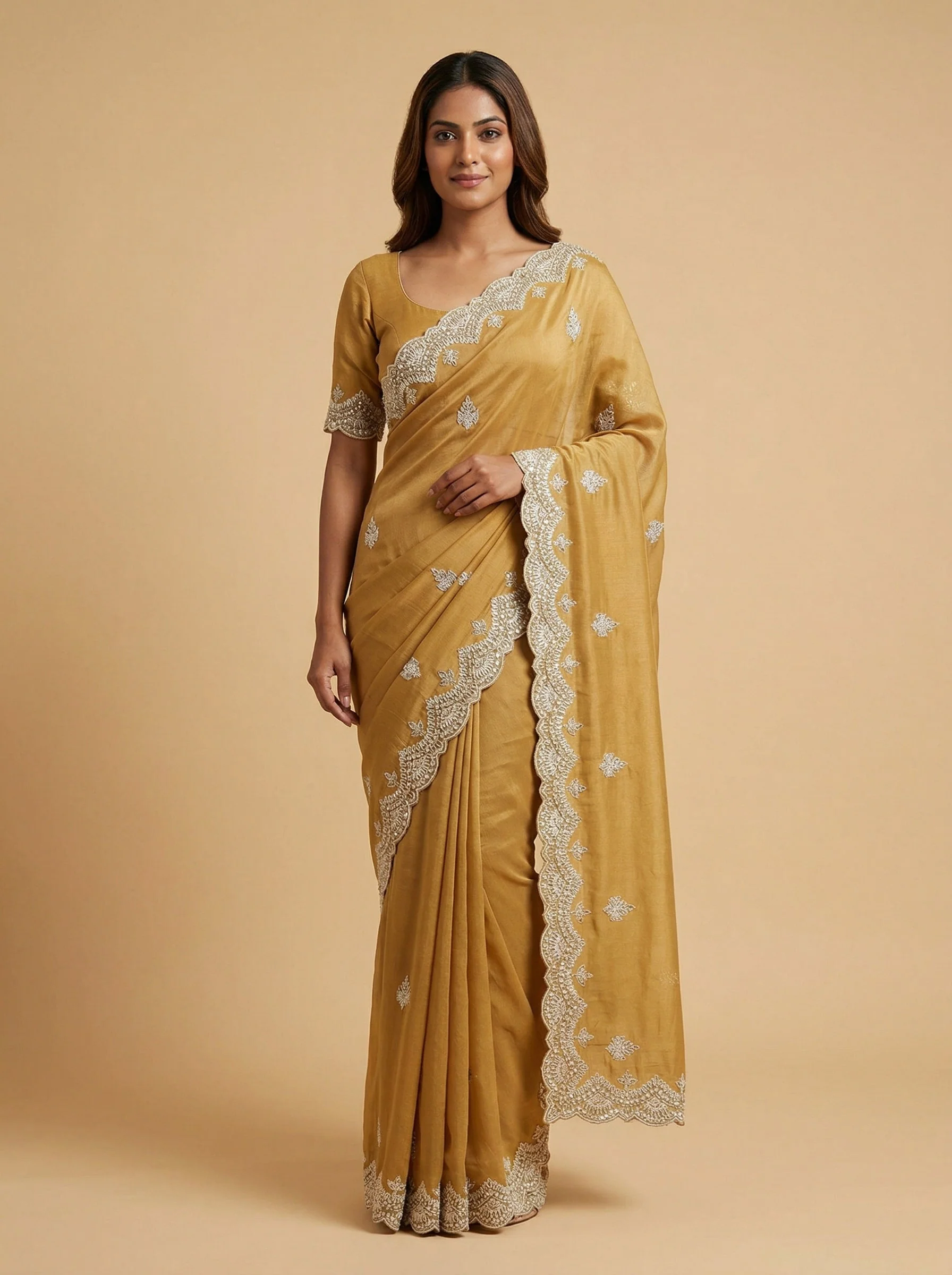 Gold Beige Refined Embroidered Saree