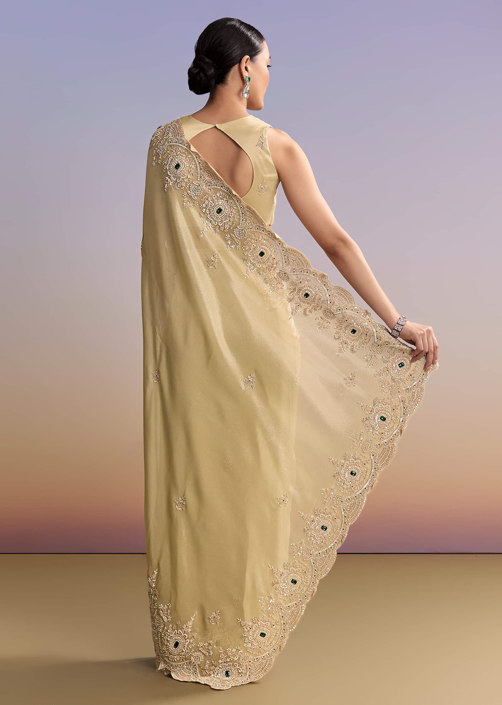 Gold Beige Tissue Saree With Heavy Embroidery - Image 4