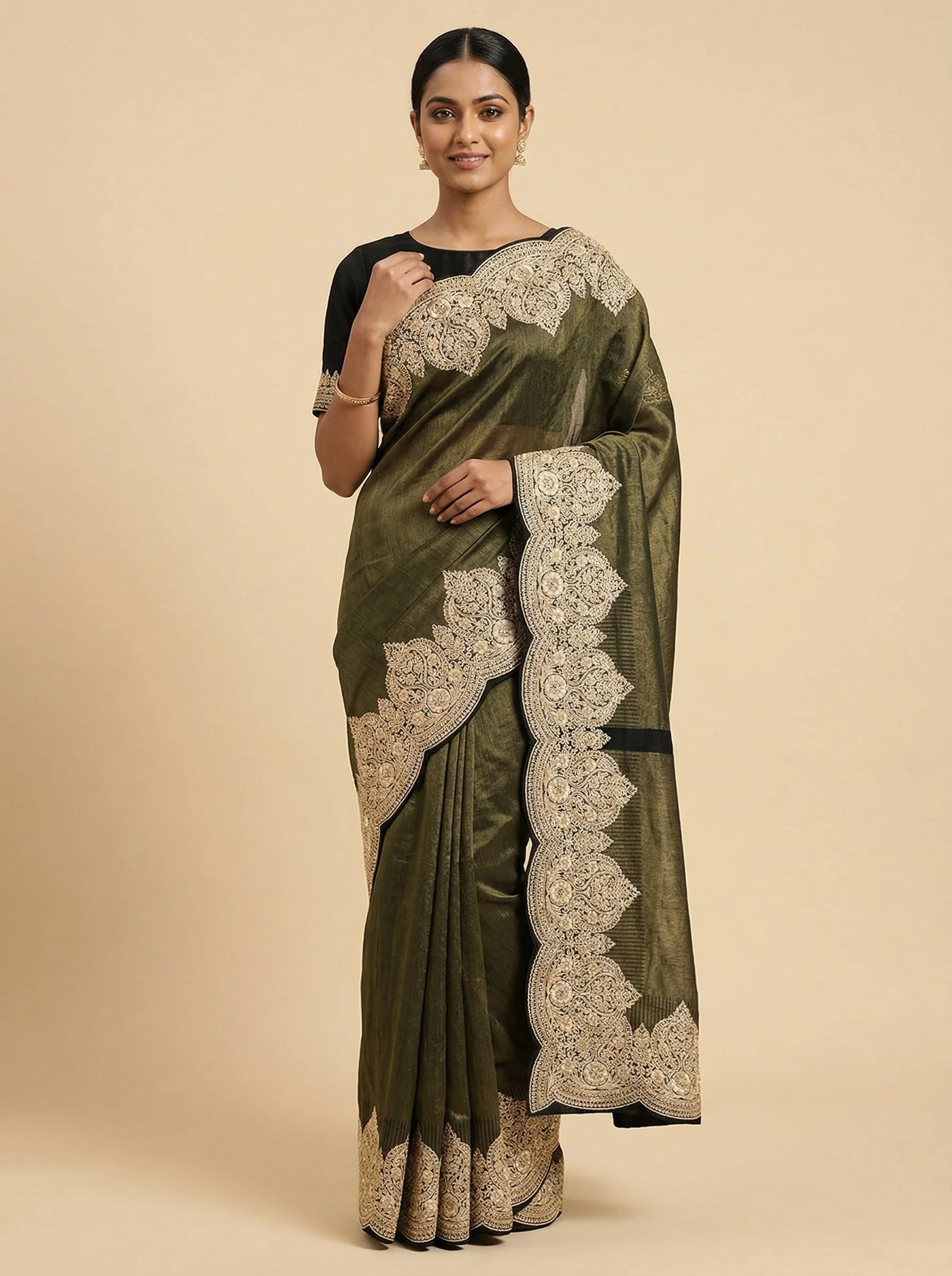 Gold Black Contrast-Tone Embroidered Saree