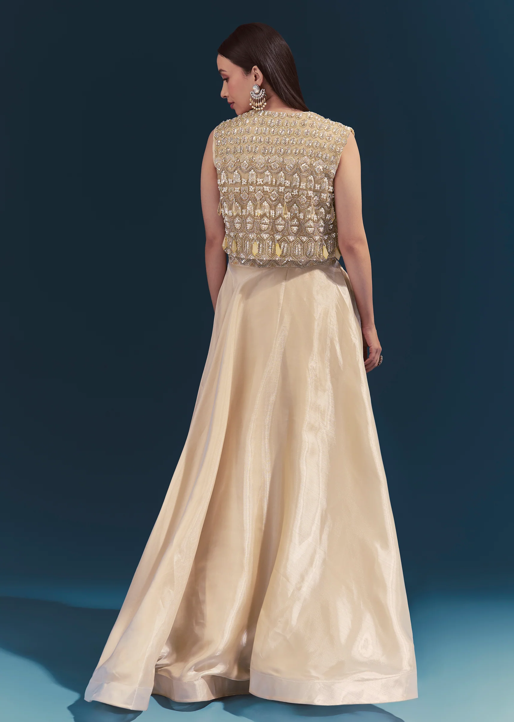 Gold Celebration Duo – Jumpsuit With Jacket For Her And Embellished Jodhpuri Kurta Set For Him - Image 5