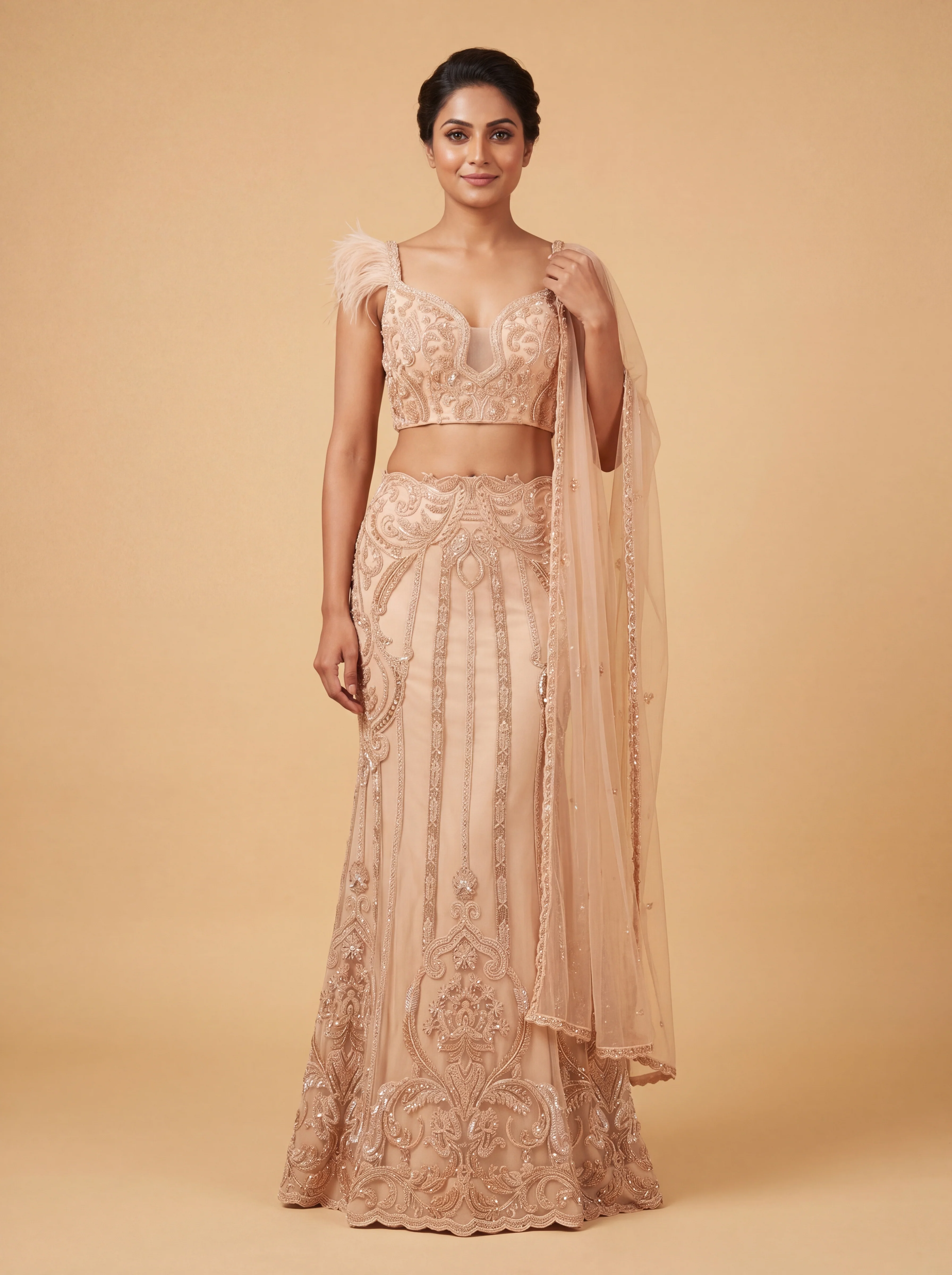 Gold Contemporary Bridal Lehenga With Sheer Skirt Soft Flare