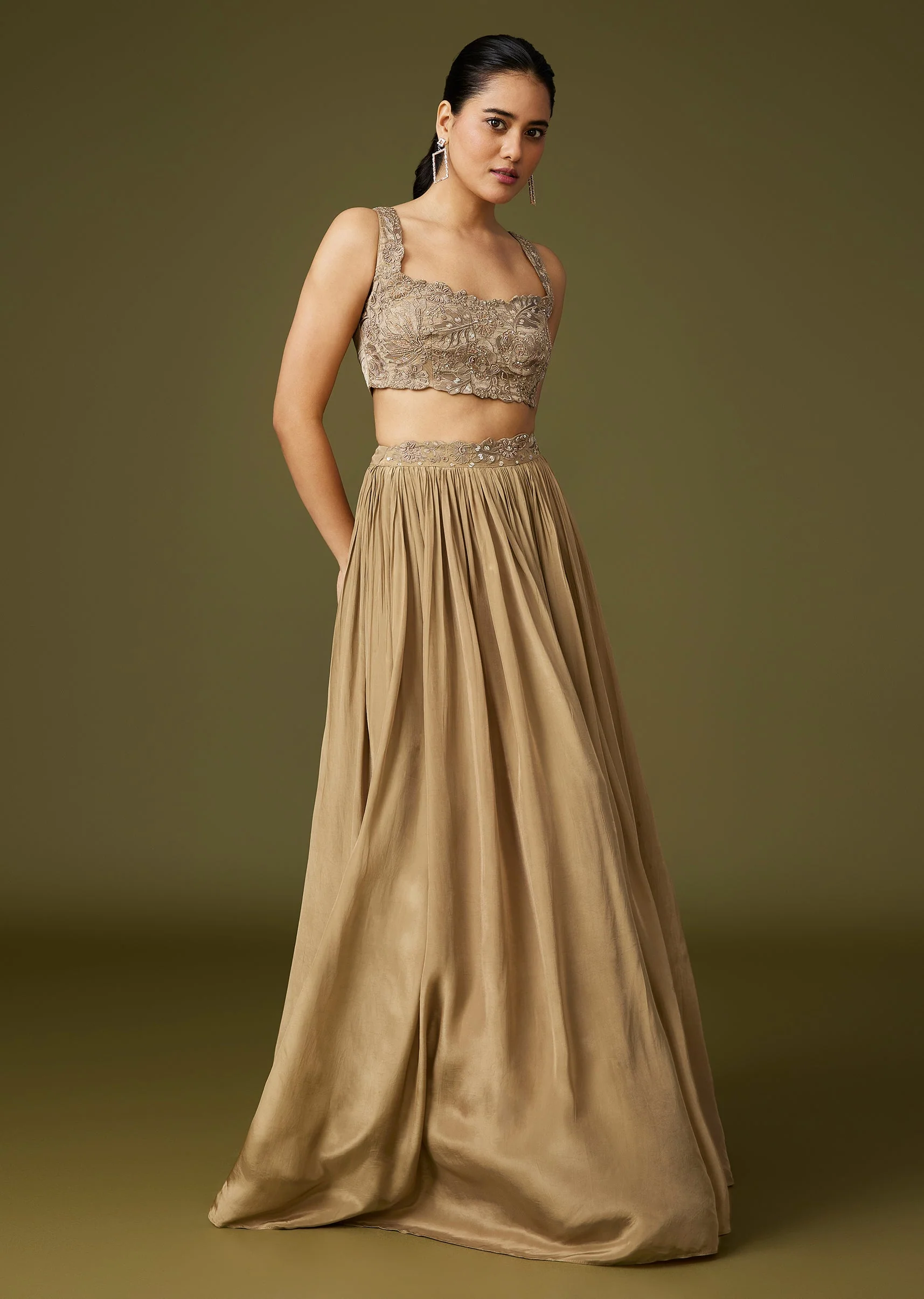 Gold Crop Top Lehenga With Thread Beadwork Cape - Image 5