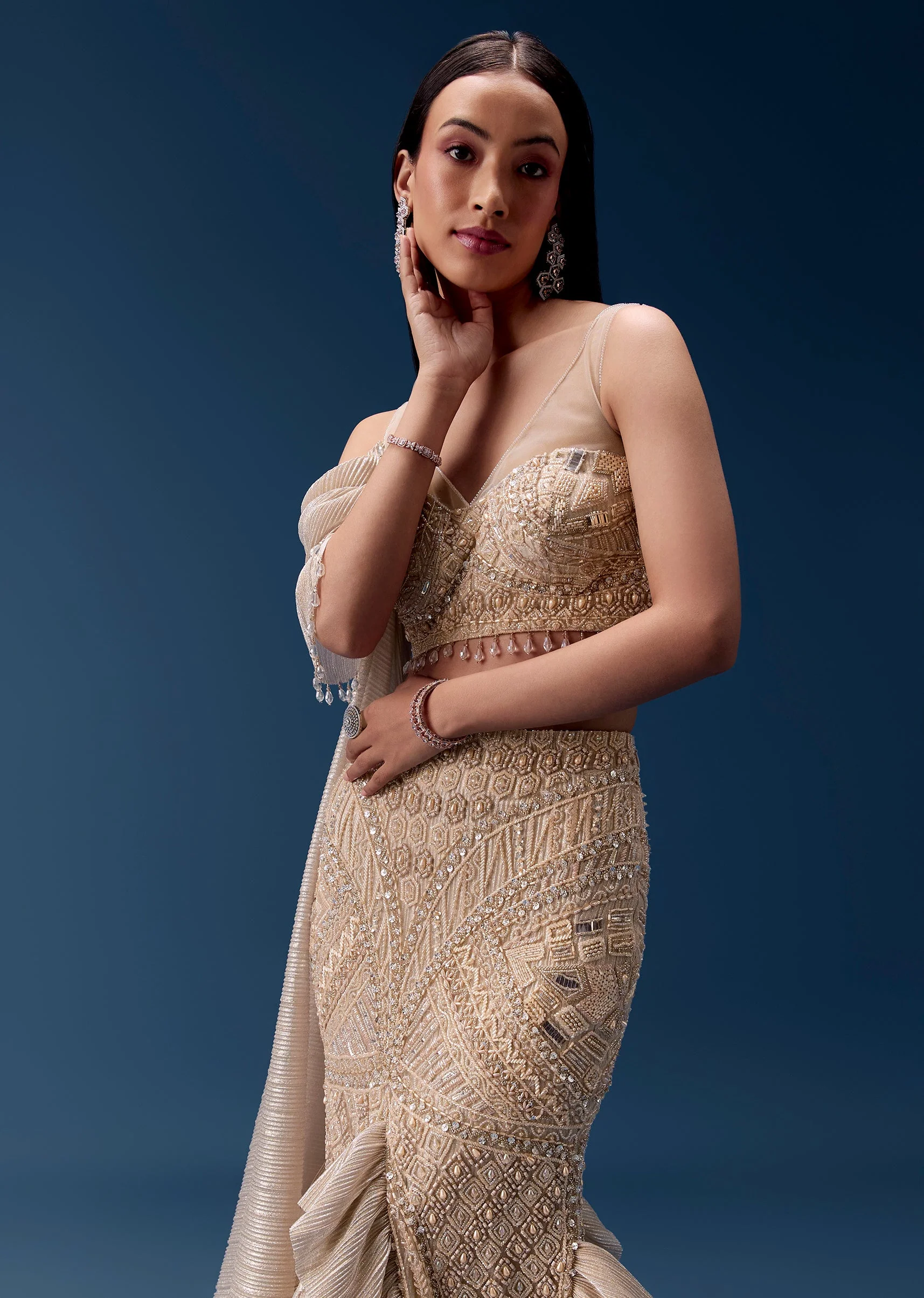 Gold Draped Lehenga with Embellished Blouse - Image 3