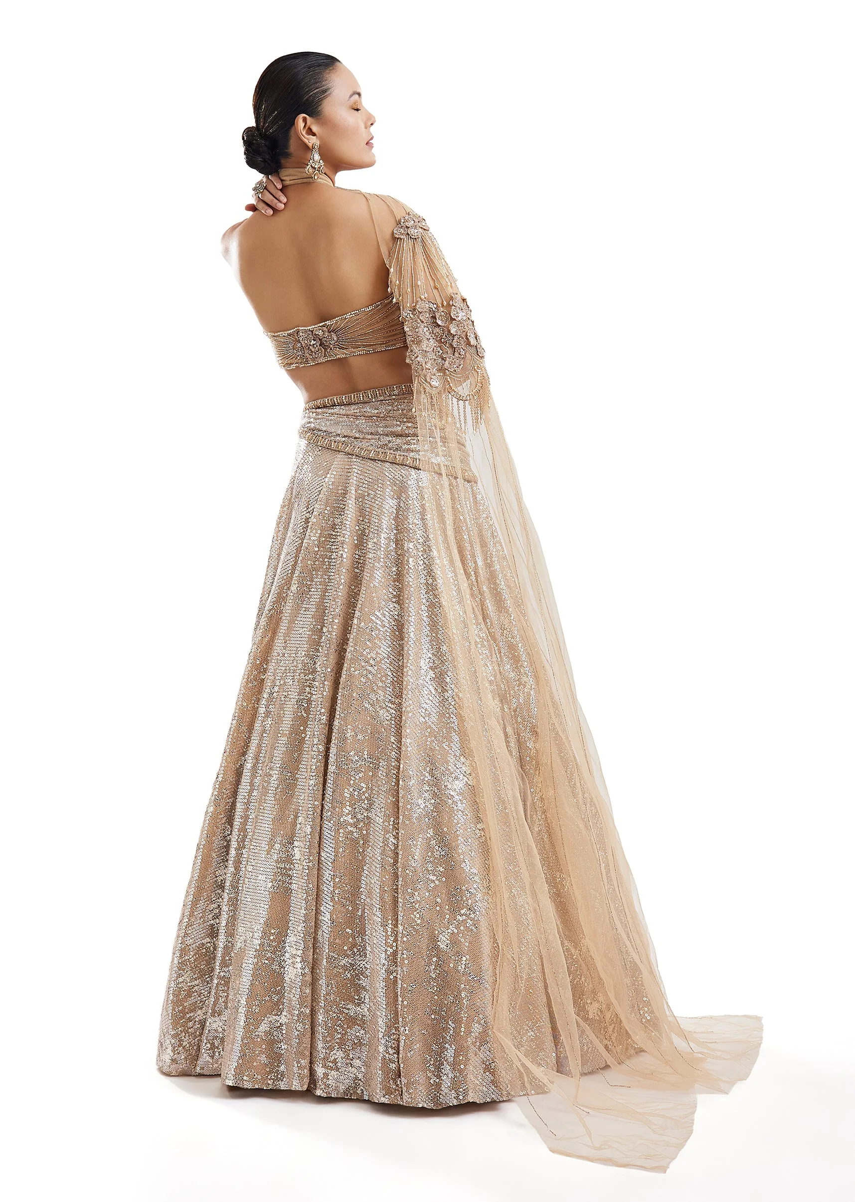 Gold Embroidered Lehenga With Attached Drape Cape - Image 2