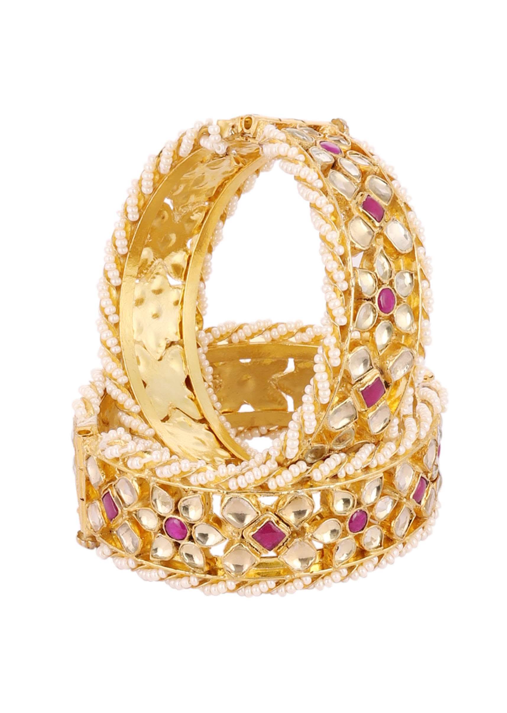 Gold Fineshed Pink and White Kundan Polki Bangles - Image 10