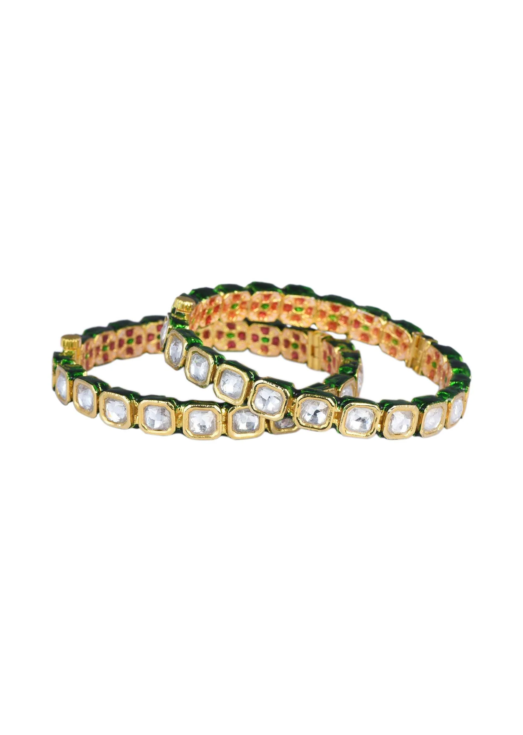 Gold Finish Bangle With Studded Kundan And Green Meenakari Set of 2 - Image 3