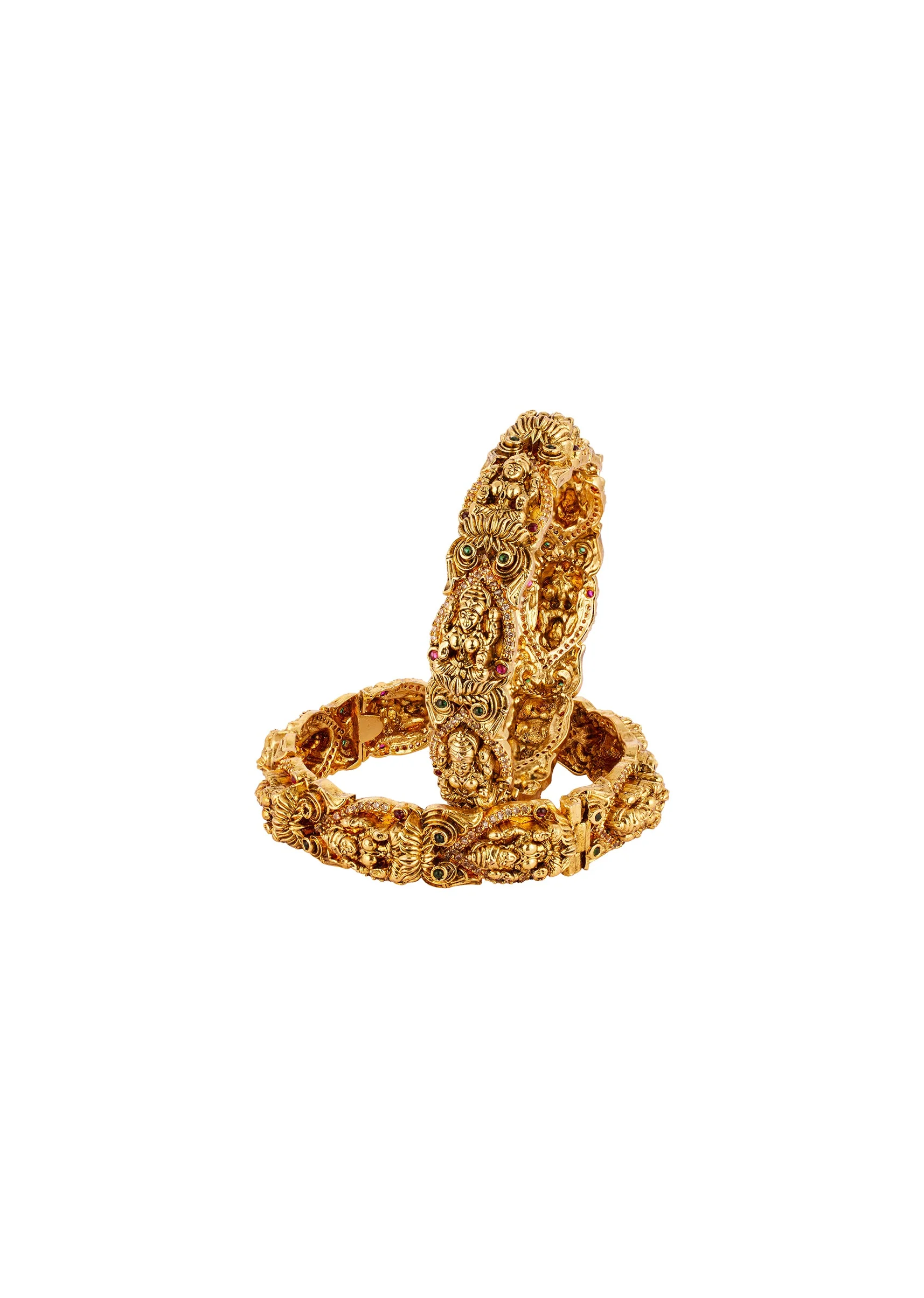 Gold Finish Bangle With Traditional Temple Motifs And Green and Pink Simulated Stones - Image 2