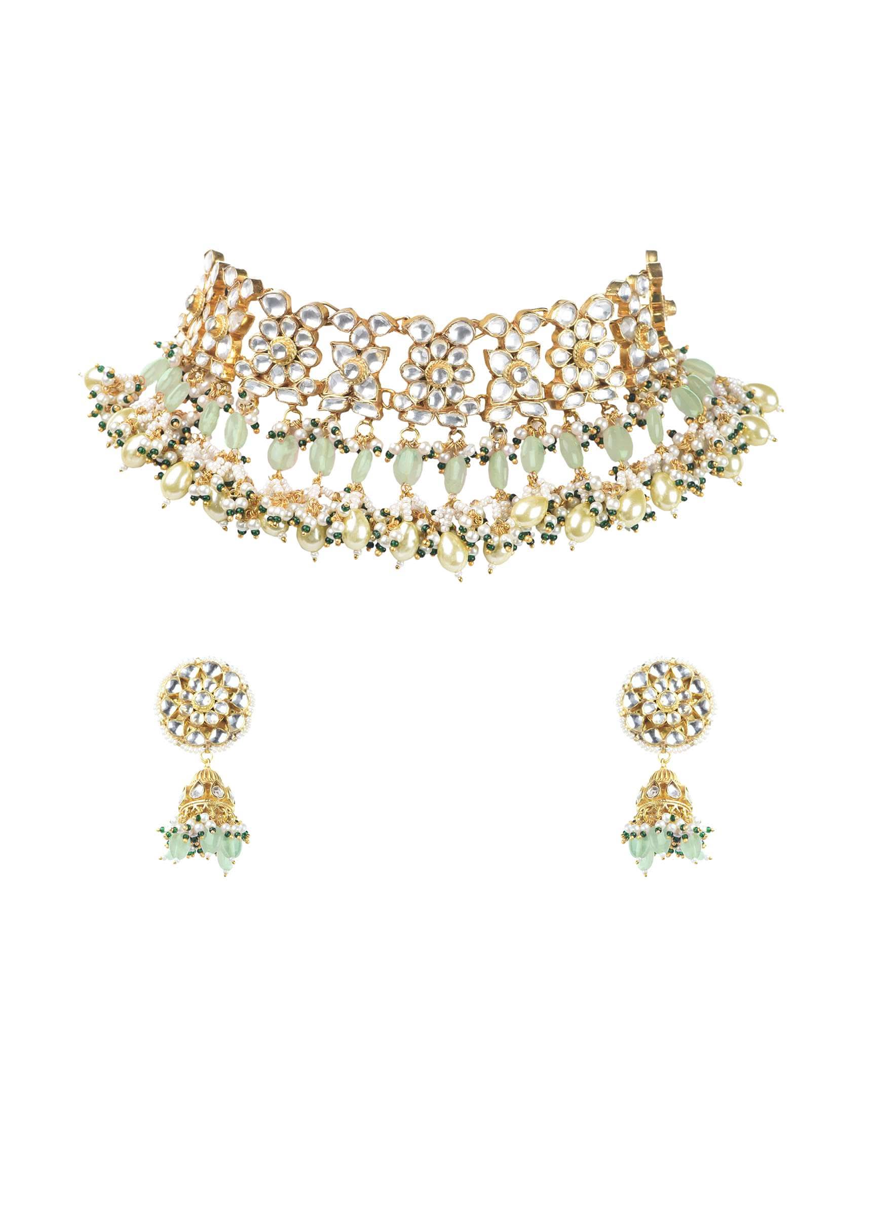 Gold Finish Choker With Pearls And Green Beads - Image 20