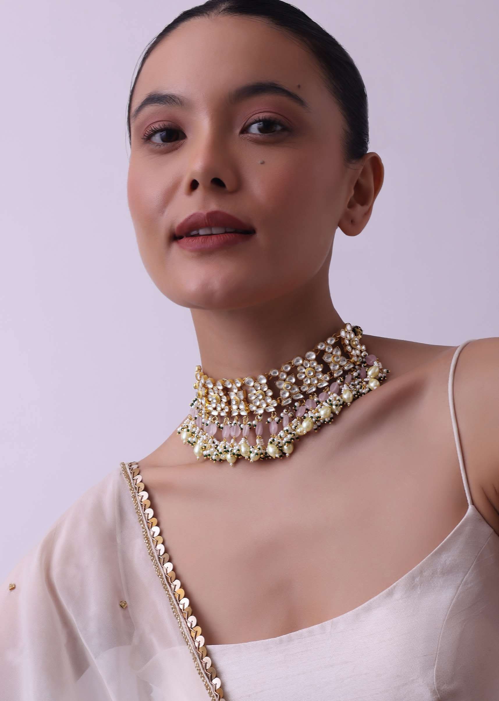 Gold Finish Choker With Pearls And Green Beads - Image 4