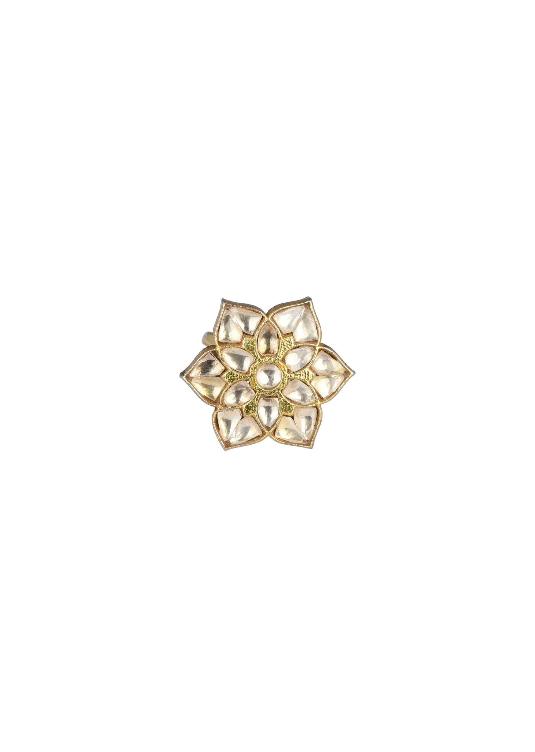 Gold Finish Floral Ring With Studded Kundan - Image 3