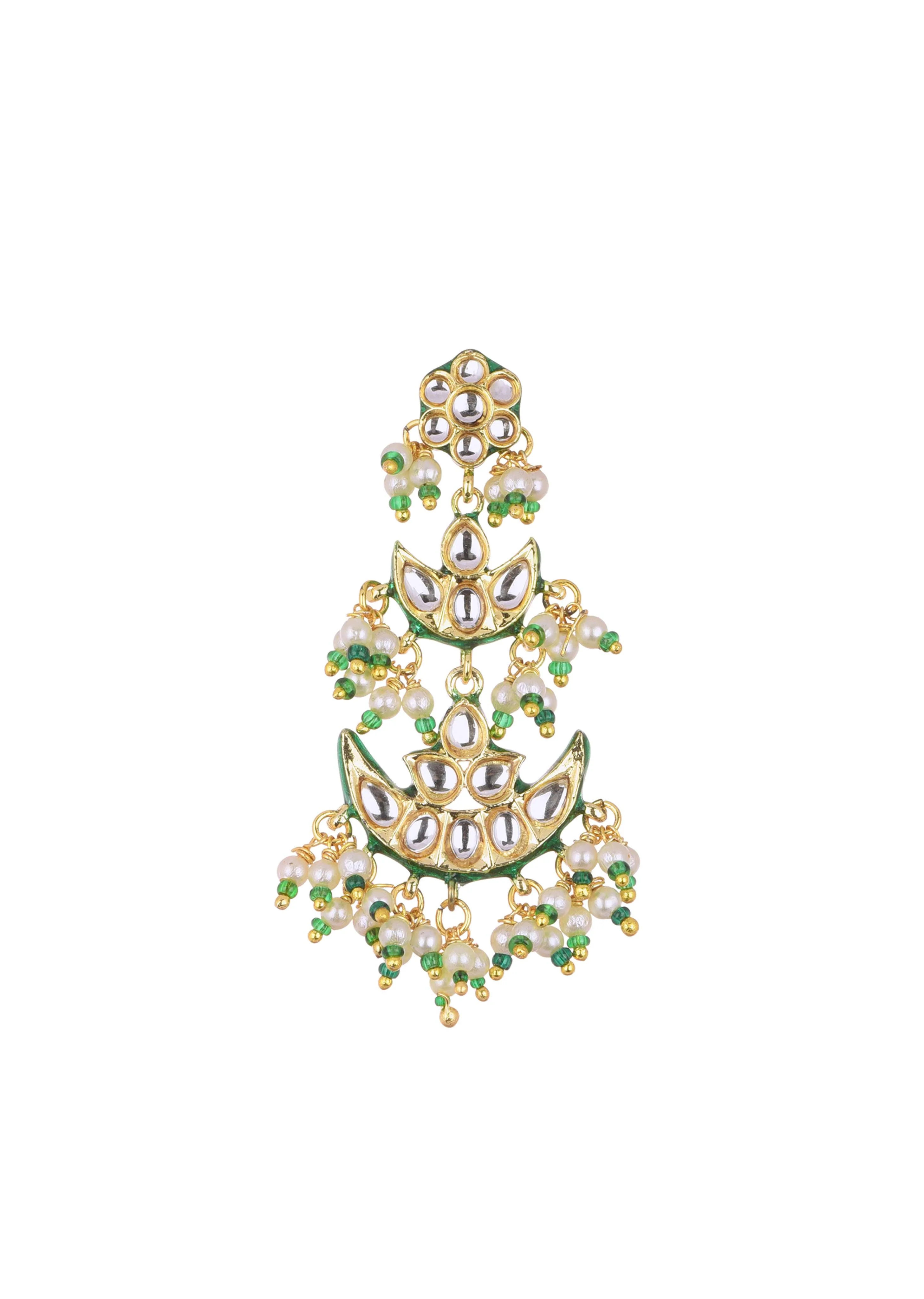 Gold Finish Green Kundan Necklace Set With Beads And Pearls - Image 8