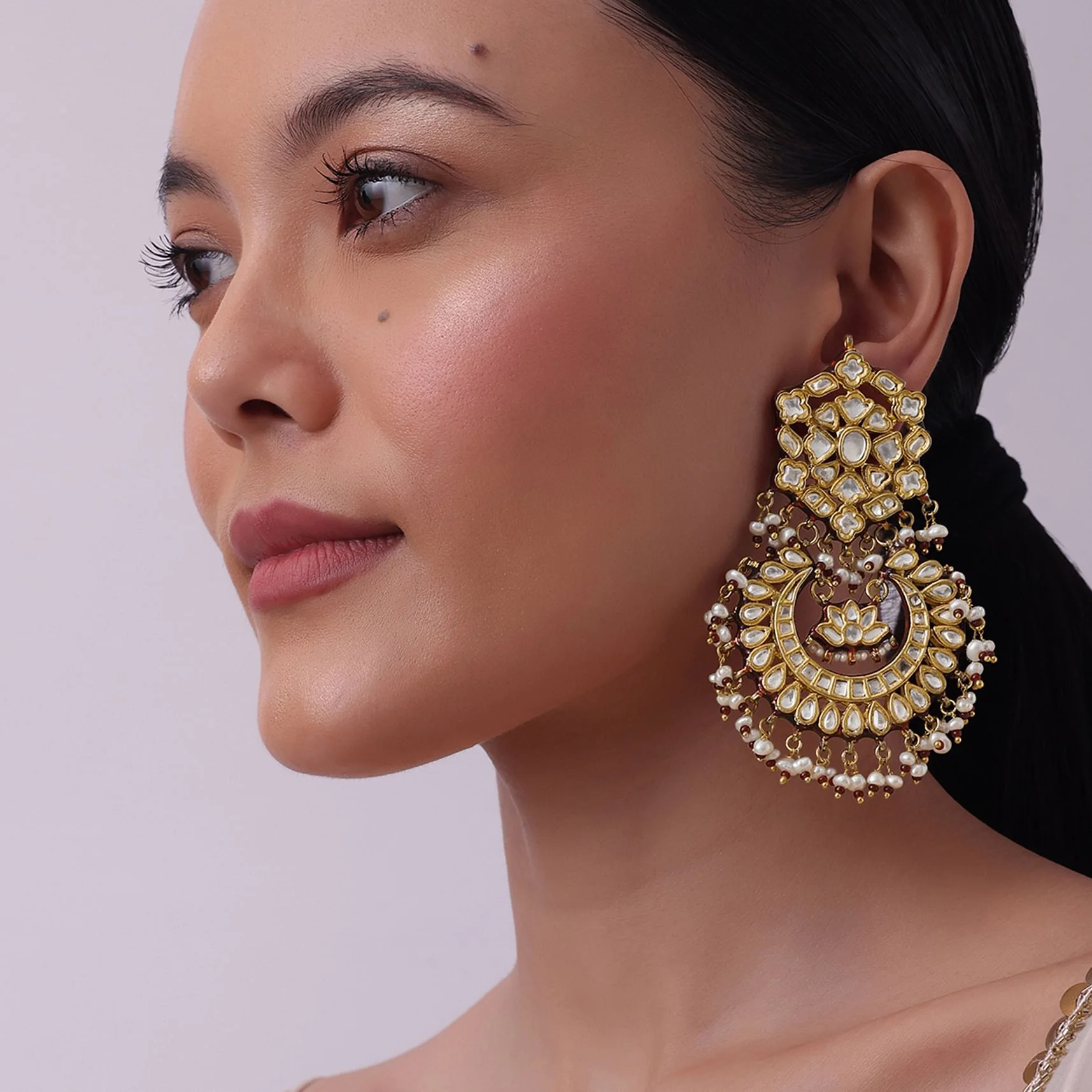 Gold Finish Kundan Chandbalis With Green Drops - Image 12