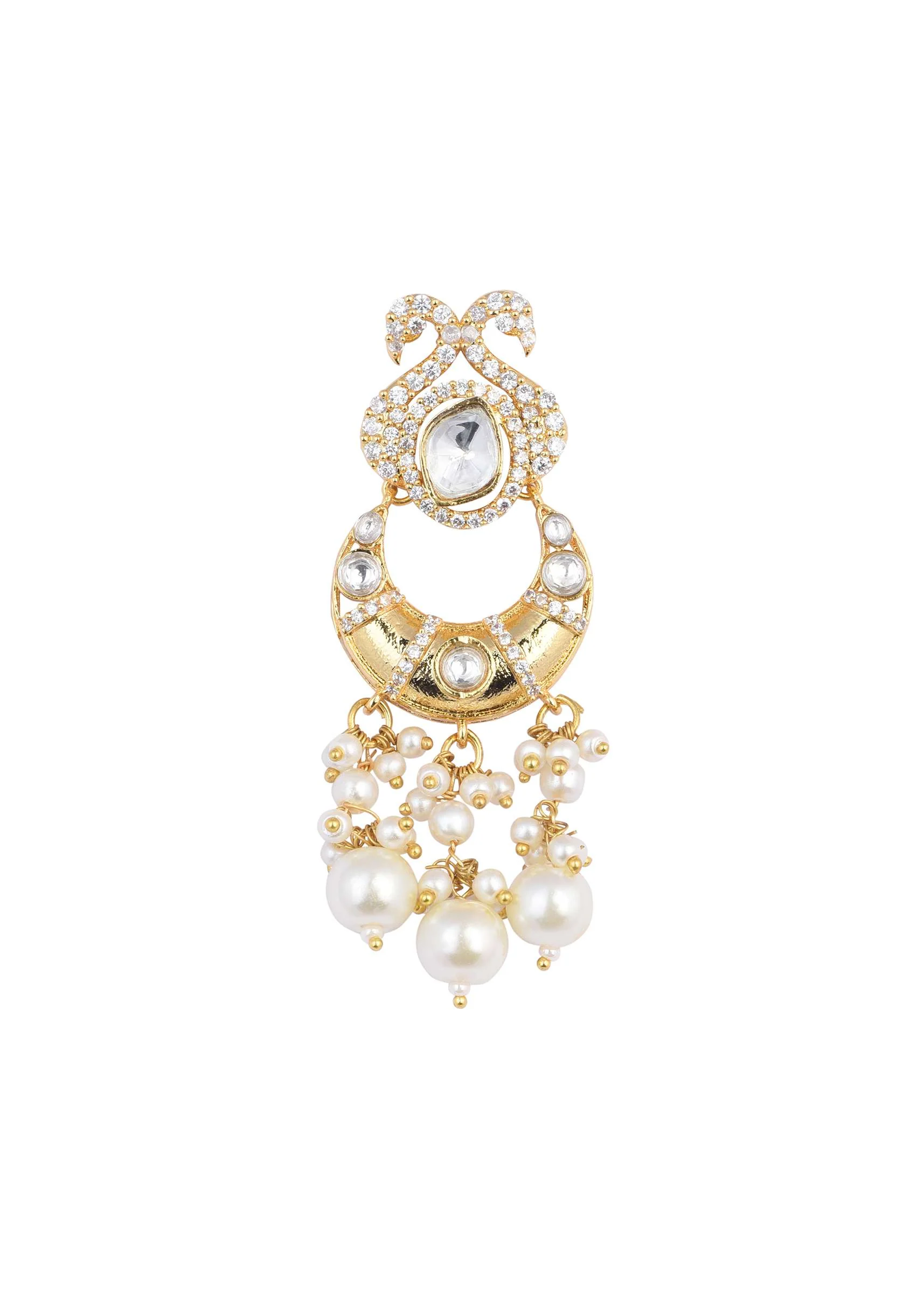 Gold Finish Kundan Chandbalis With Pearl Drops - Image 3